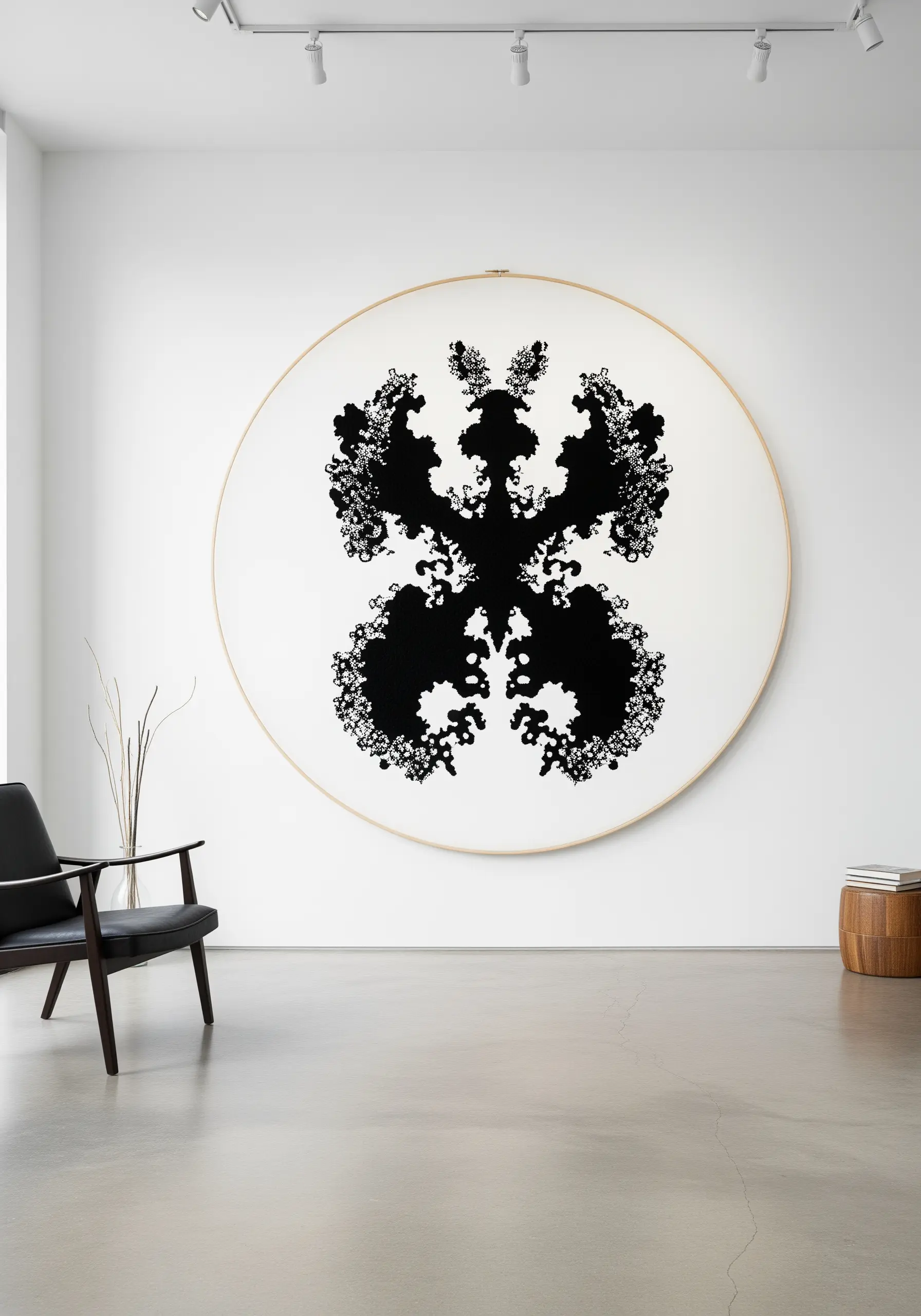 A large, oversized embroidery hoop with a symmetrical black Rorschach inkblot design.