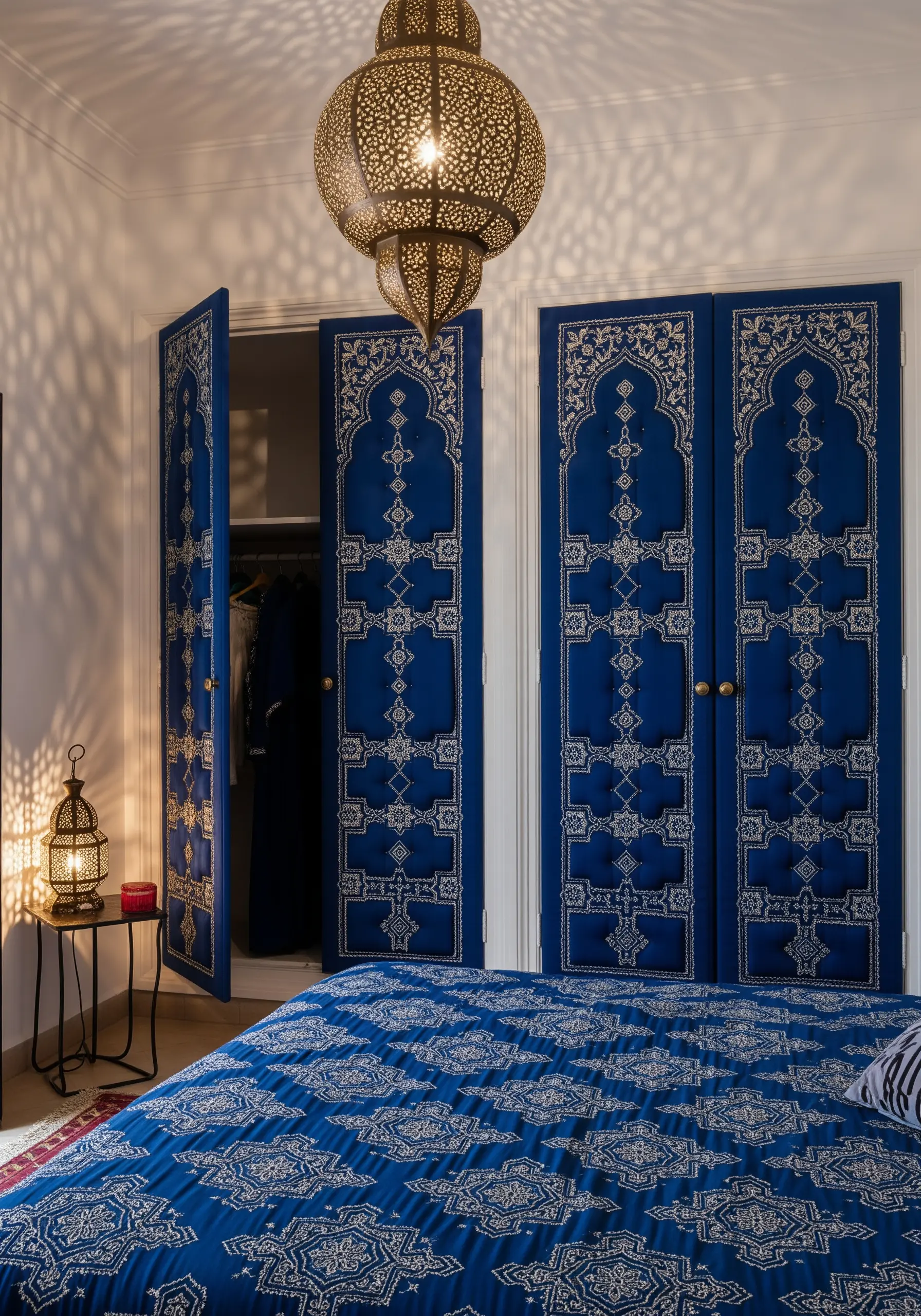 Deep blue upholstered and tufted closet doors featuring intricate white embroidered Moroccan geometric patterns.