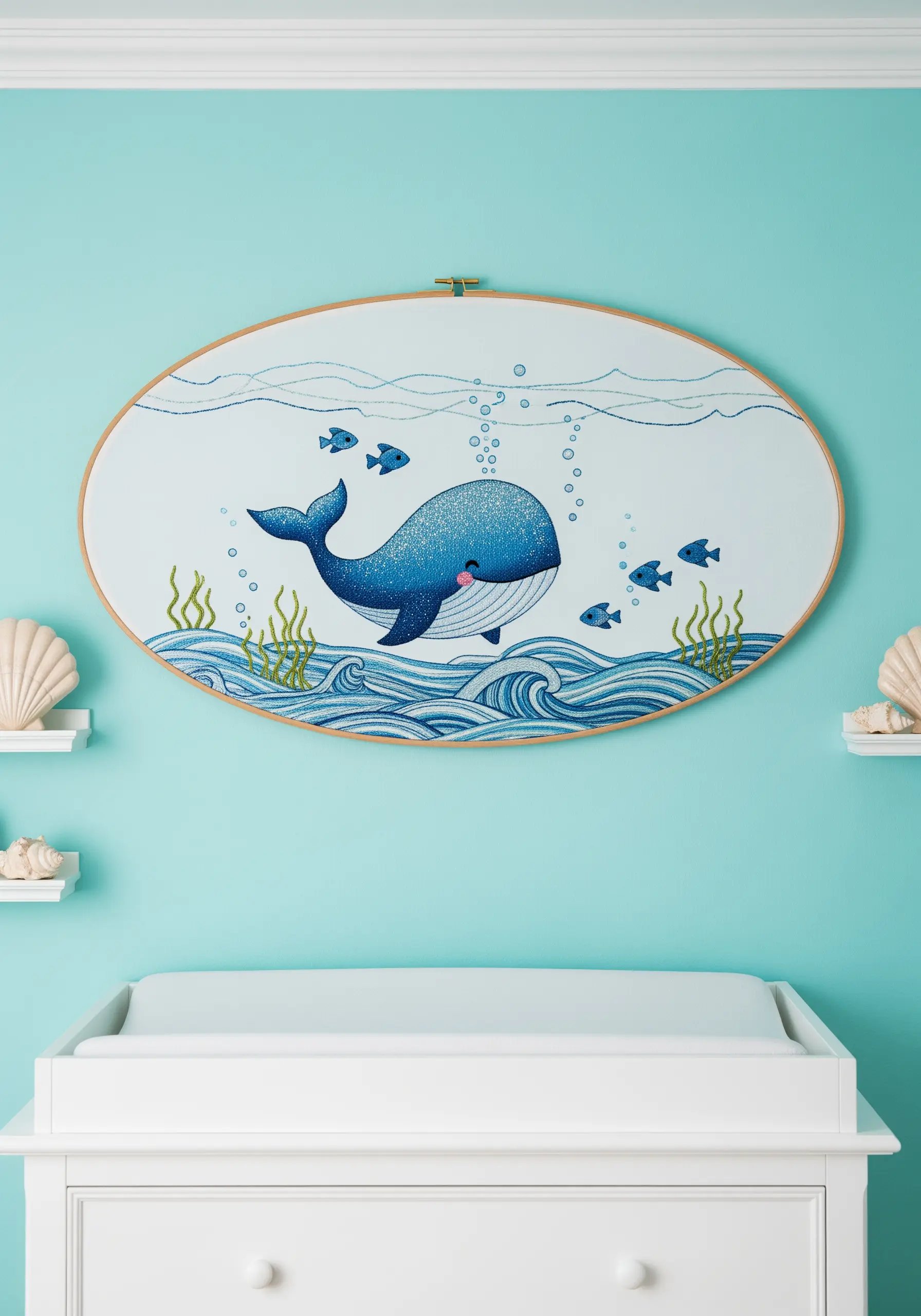 Embroidered whale in an oval hoop using dense seed stitches for a textured effect.