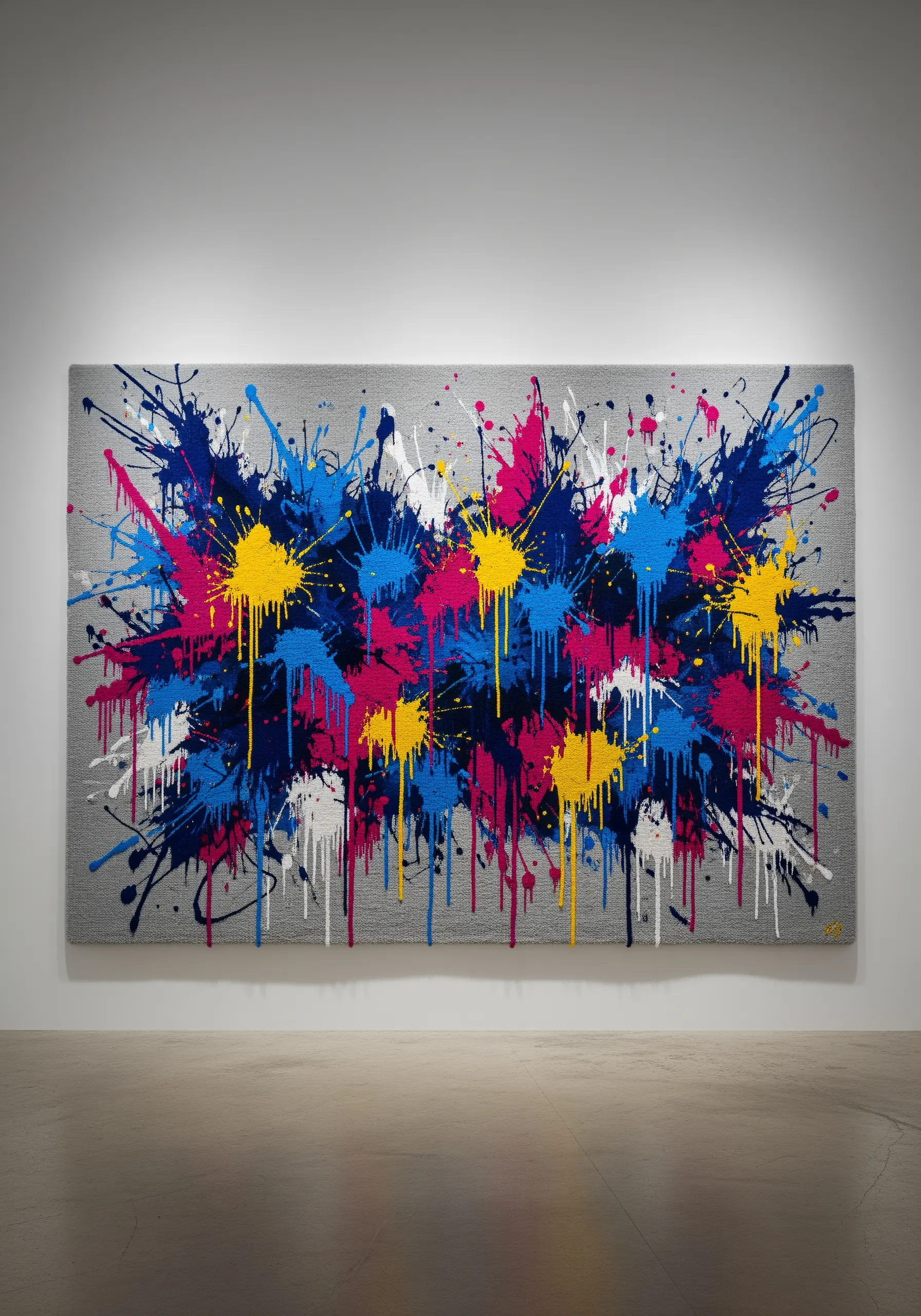 A large tufted tapestry that mimics an abstract paint splatter in blue, pink, and yellow.