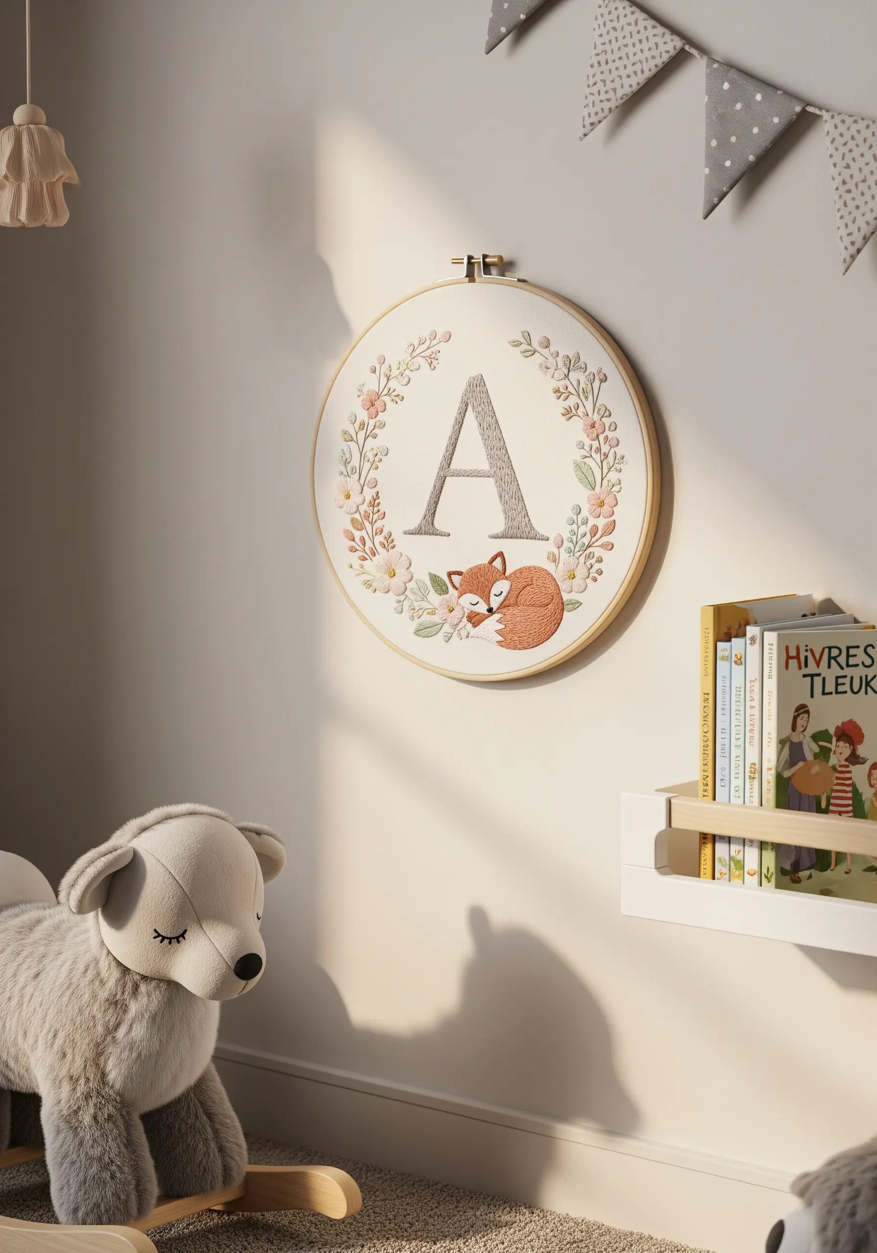 Nursery embroidery hoop with a monogram 'A' and a tiny sleeping fox.