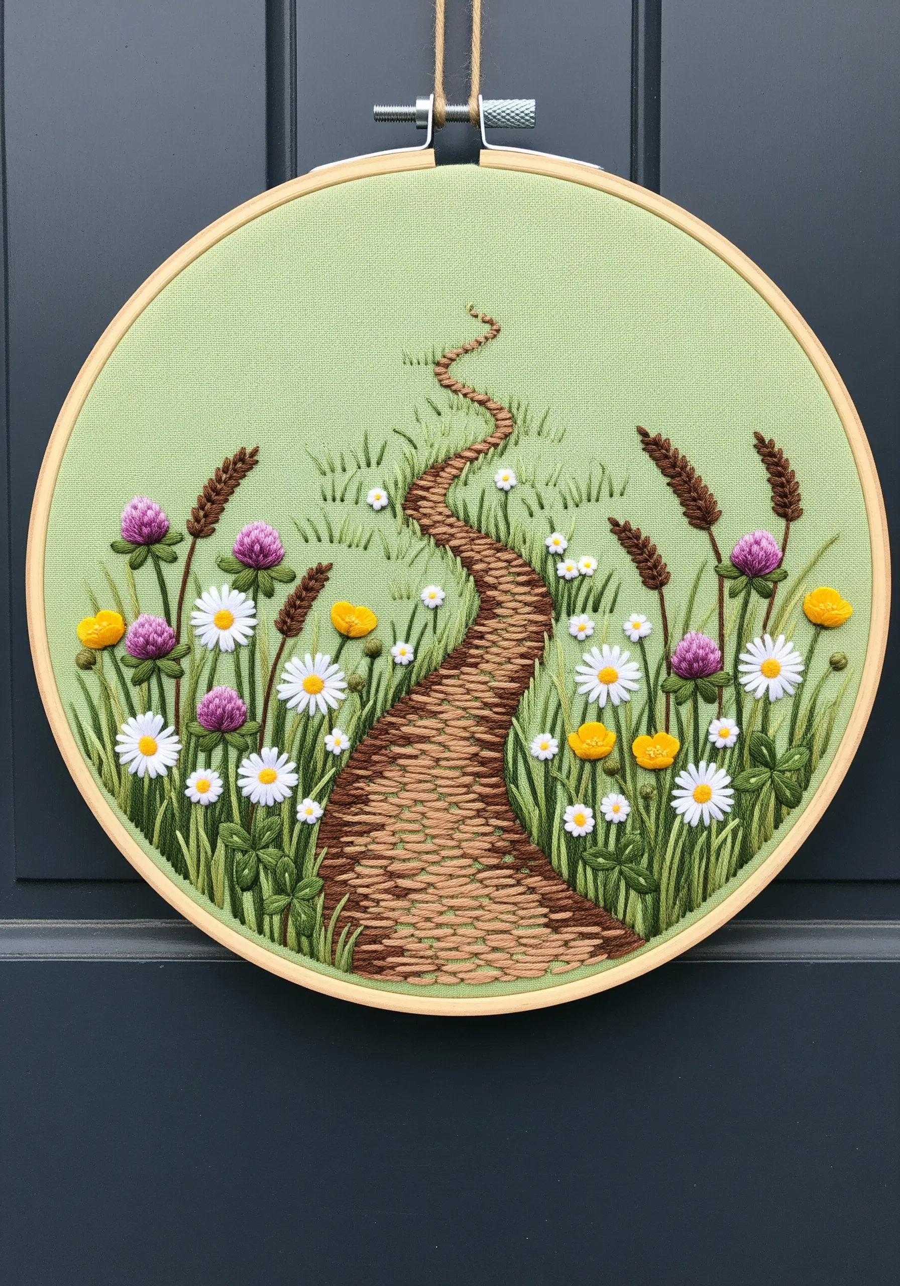 A winding cobblestone path through an embroidered wildflower meadow, creating a sense of depth.