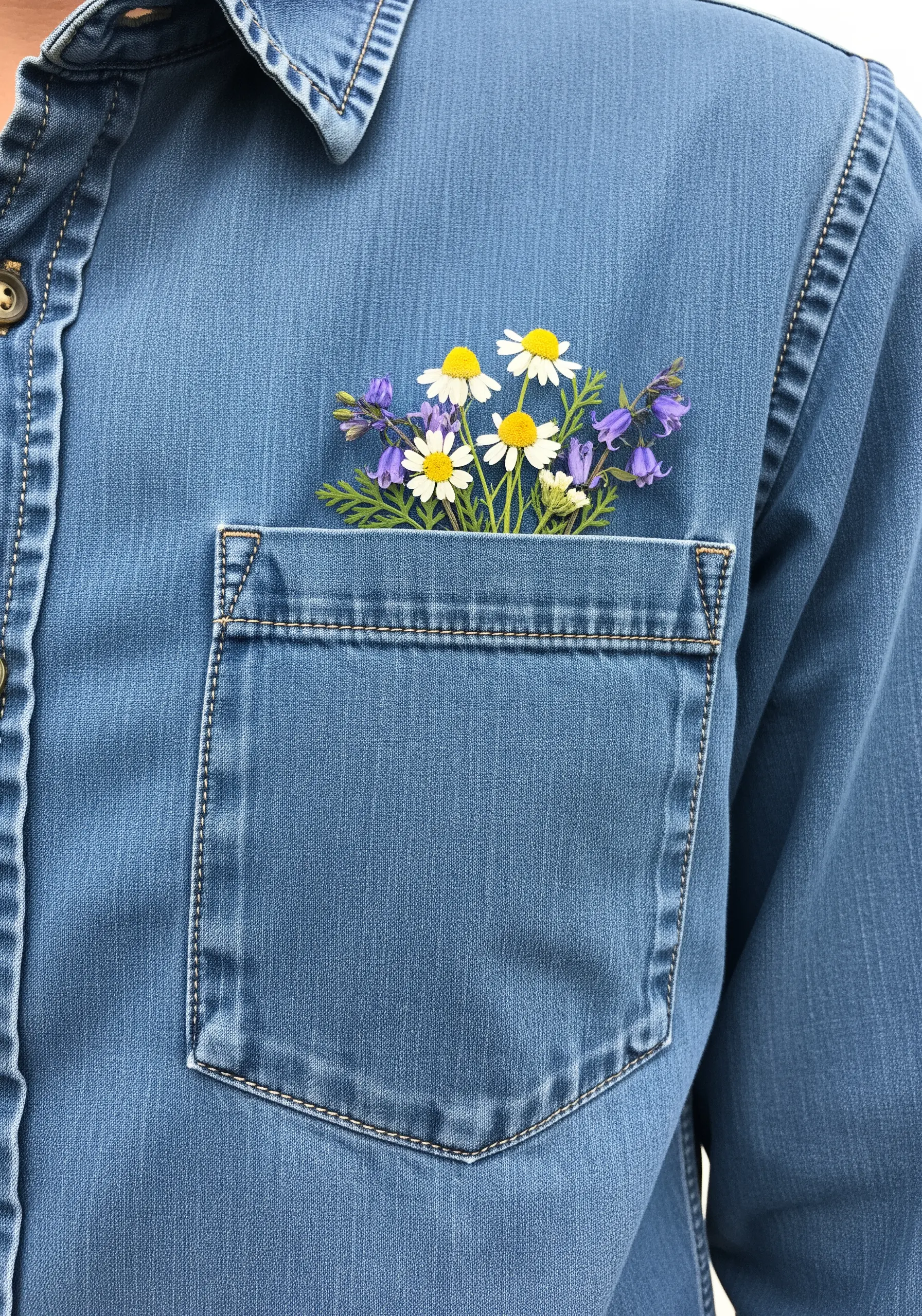 A bouquet of 3D embroidered daisies and bluebells emerging from a denim shirt pocket.