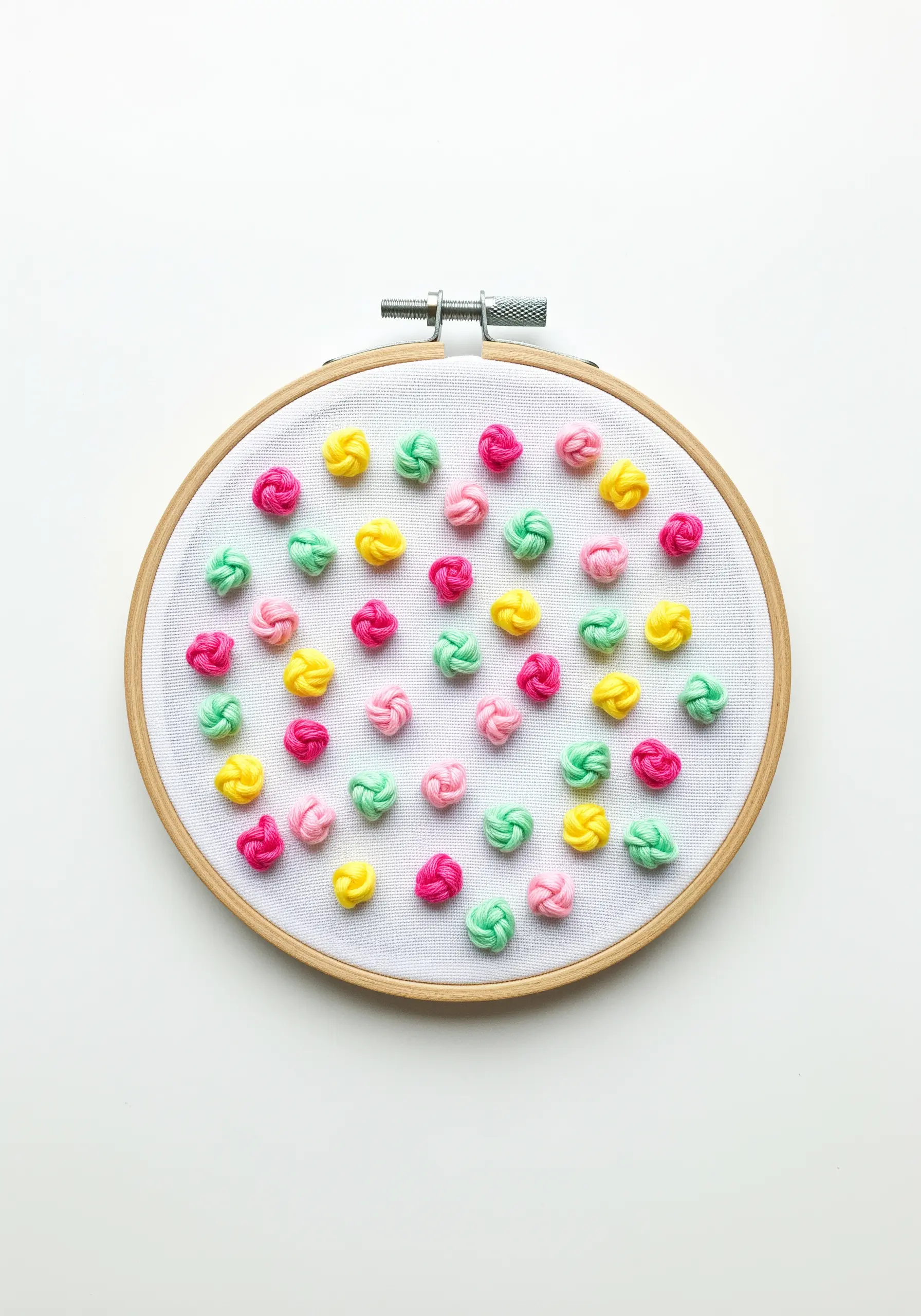 A random pattern of colorful, chunky bullion knots in pink, yellow, and mint green.