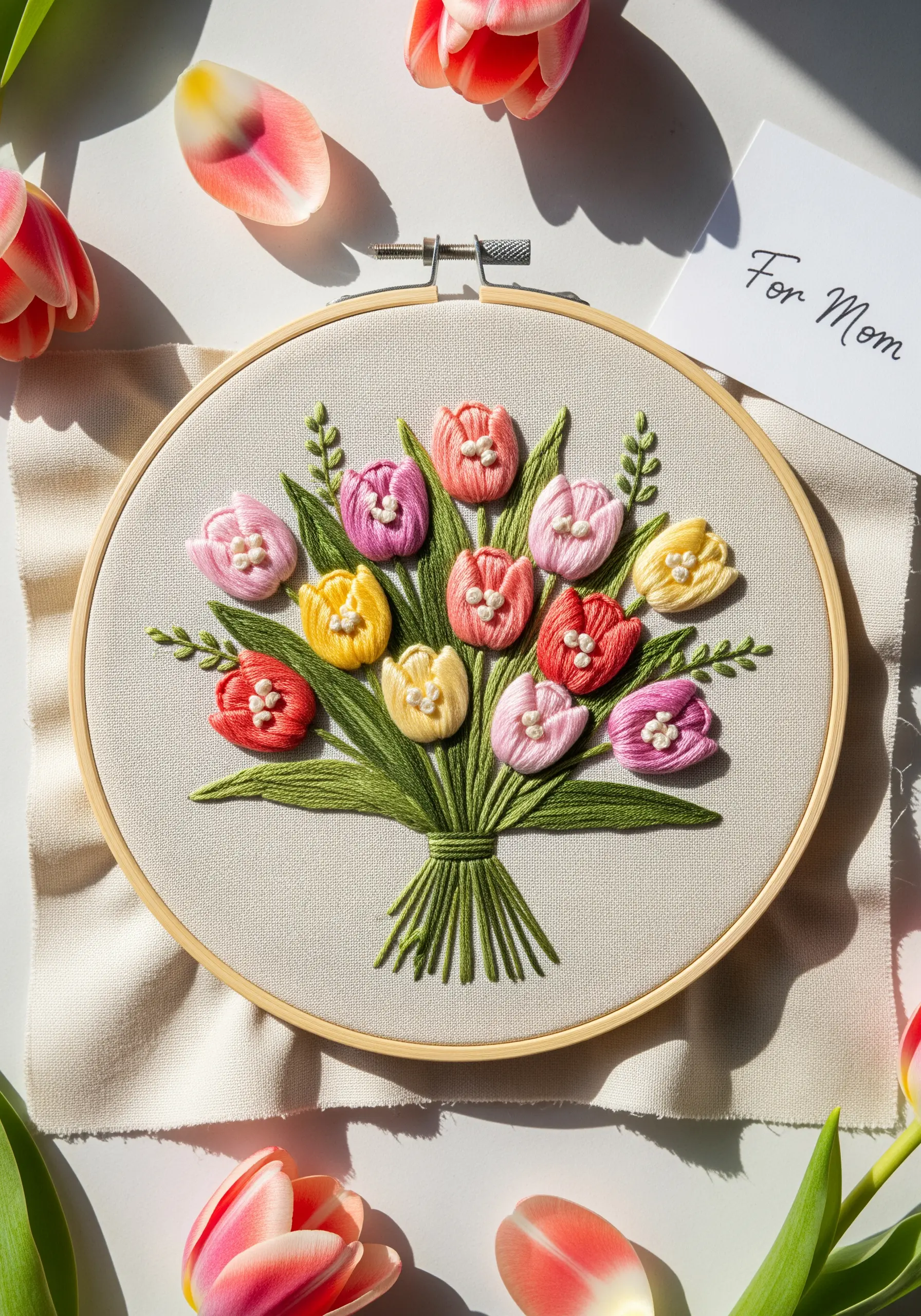 A bouquet of colorful embroidered tulips with pearl centers in a wooden hoop.