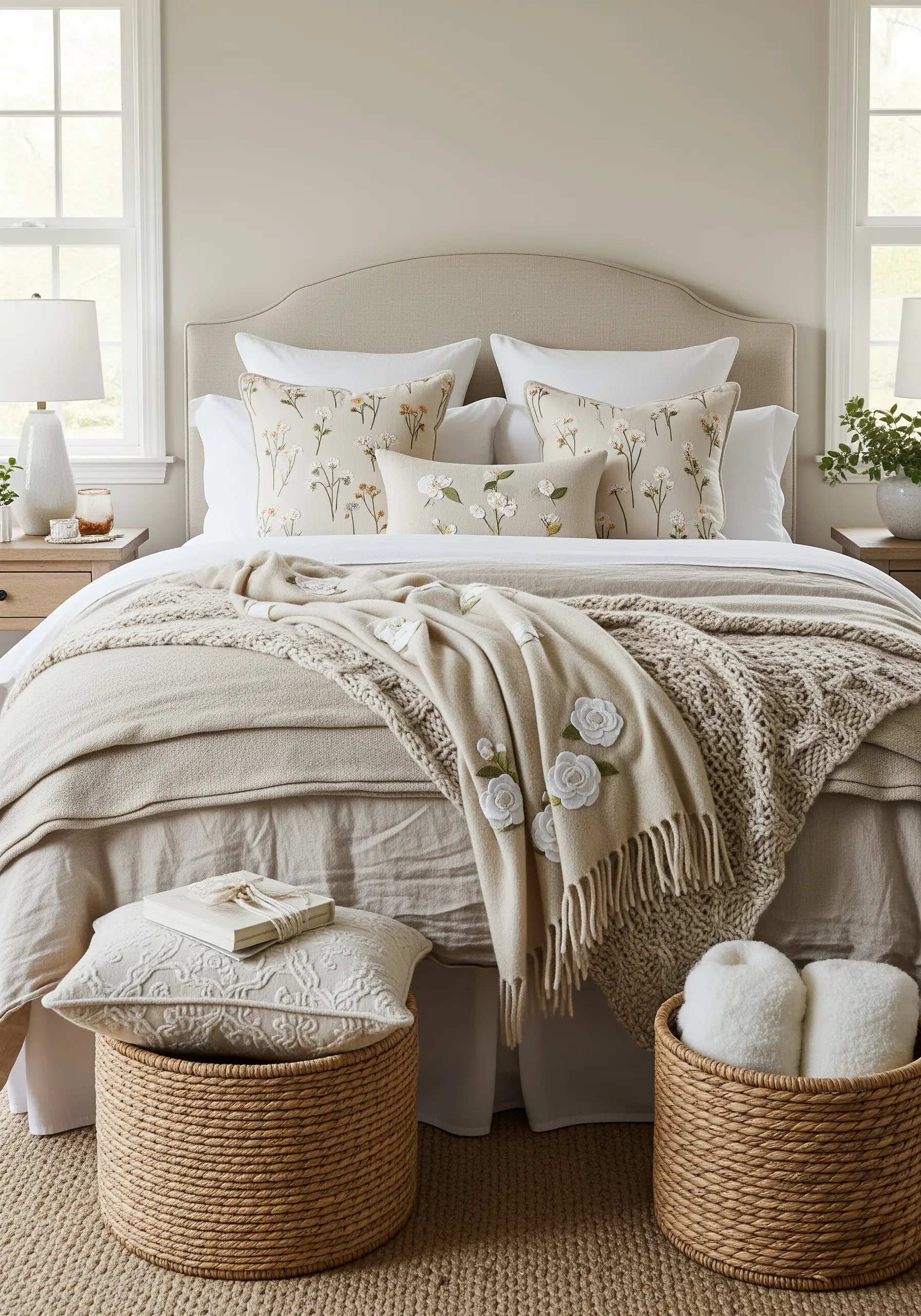 Bed layered with neutral textiles, including a throw with 3D woven wheel roses.