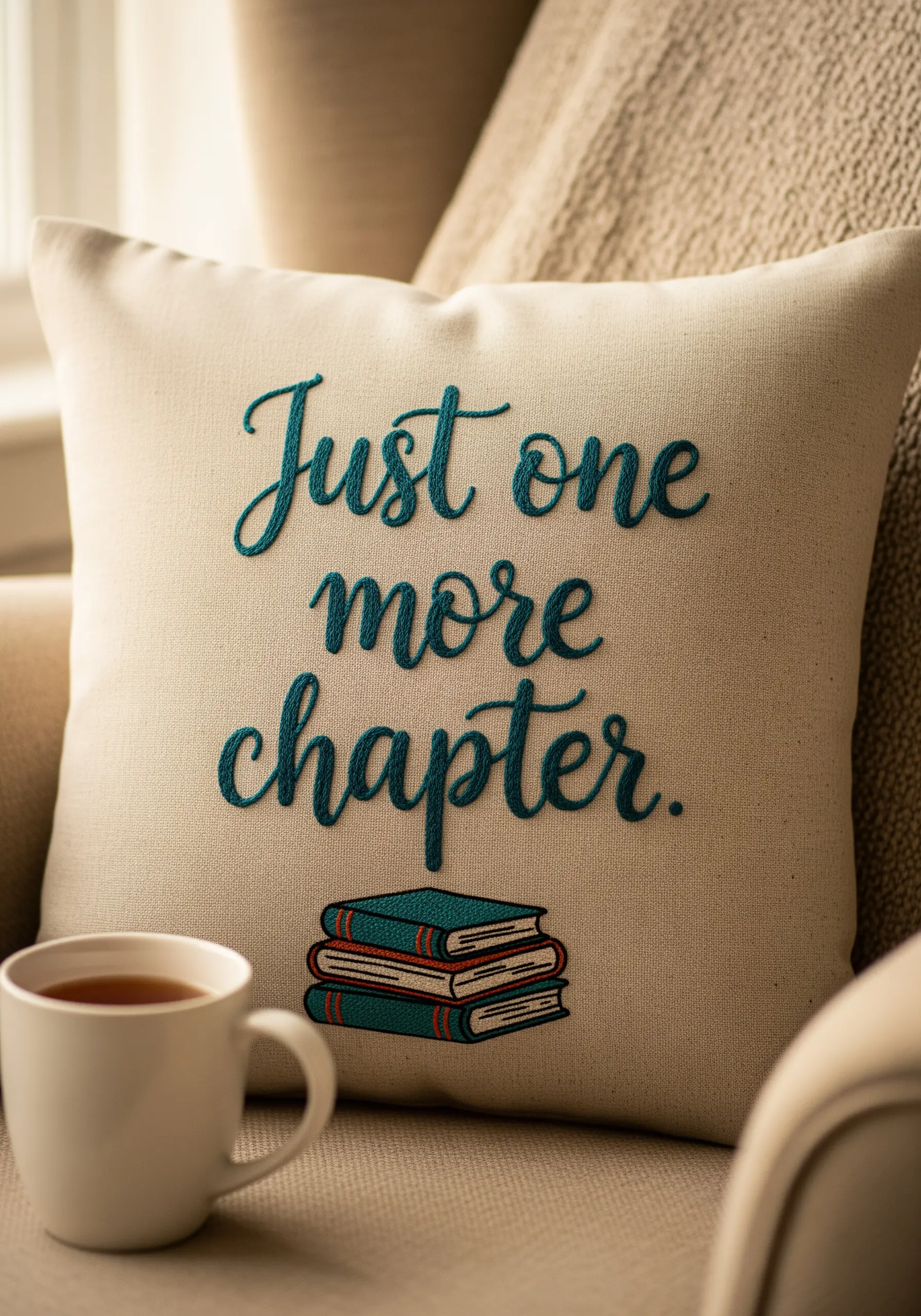 A beige cushion embroidered with the quote 'Just one more chapter' in raised teal thread.