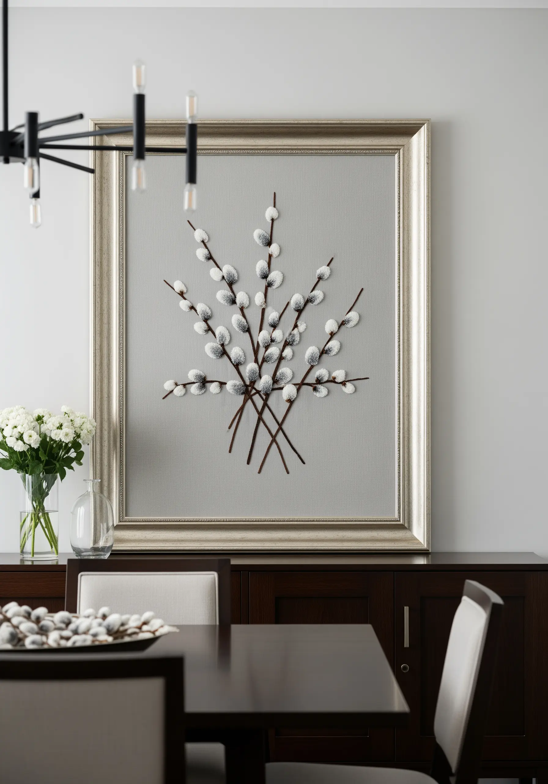 Large, elegantly framed embroidery of pussy willow branches in a formal dining room.