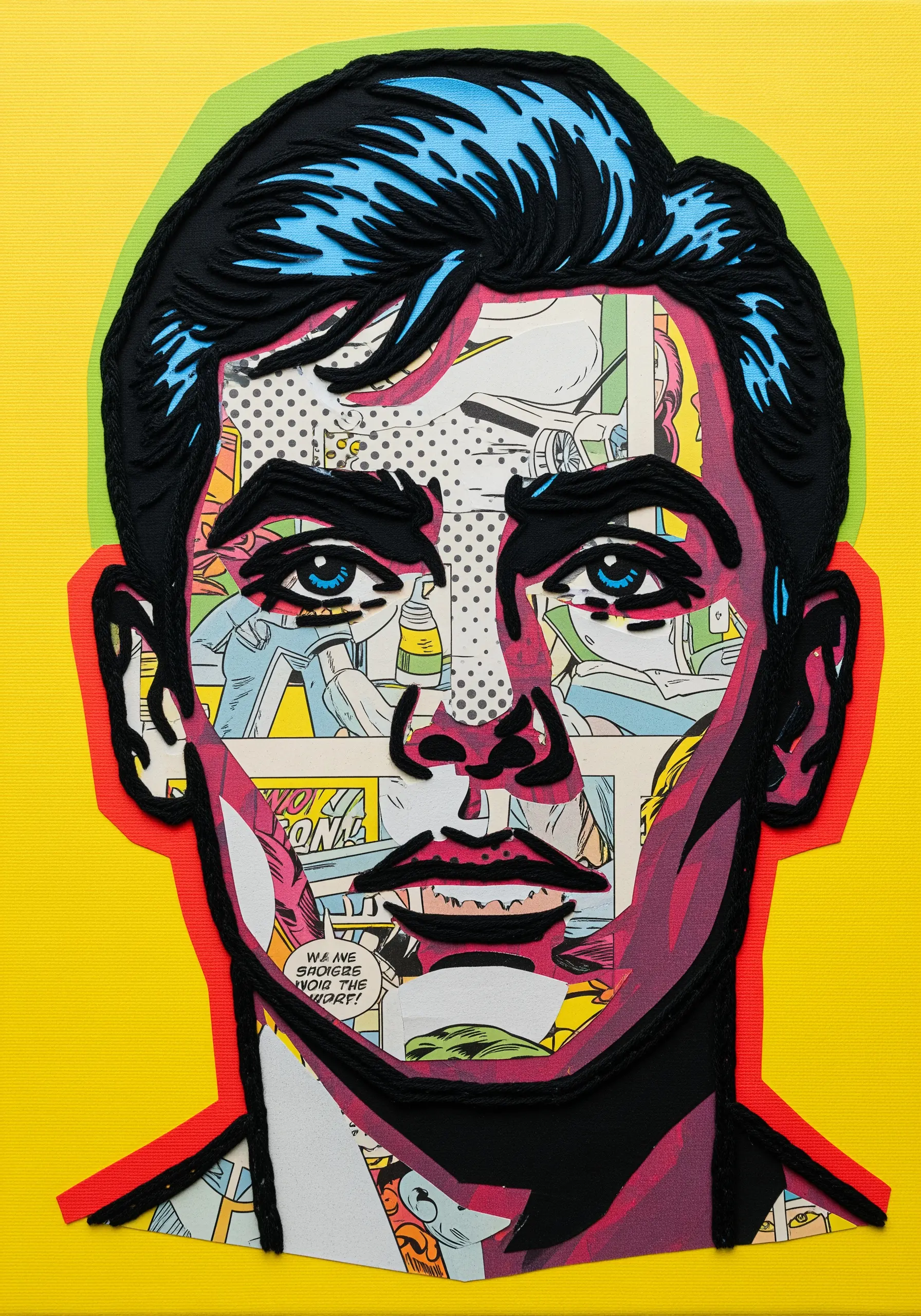 A pop-art portrait using comic book collage for the face and bold black embroidered outlines.