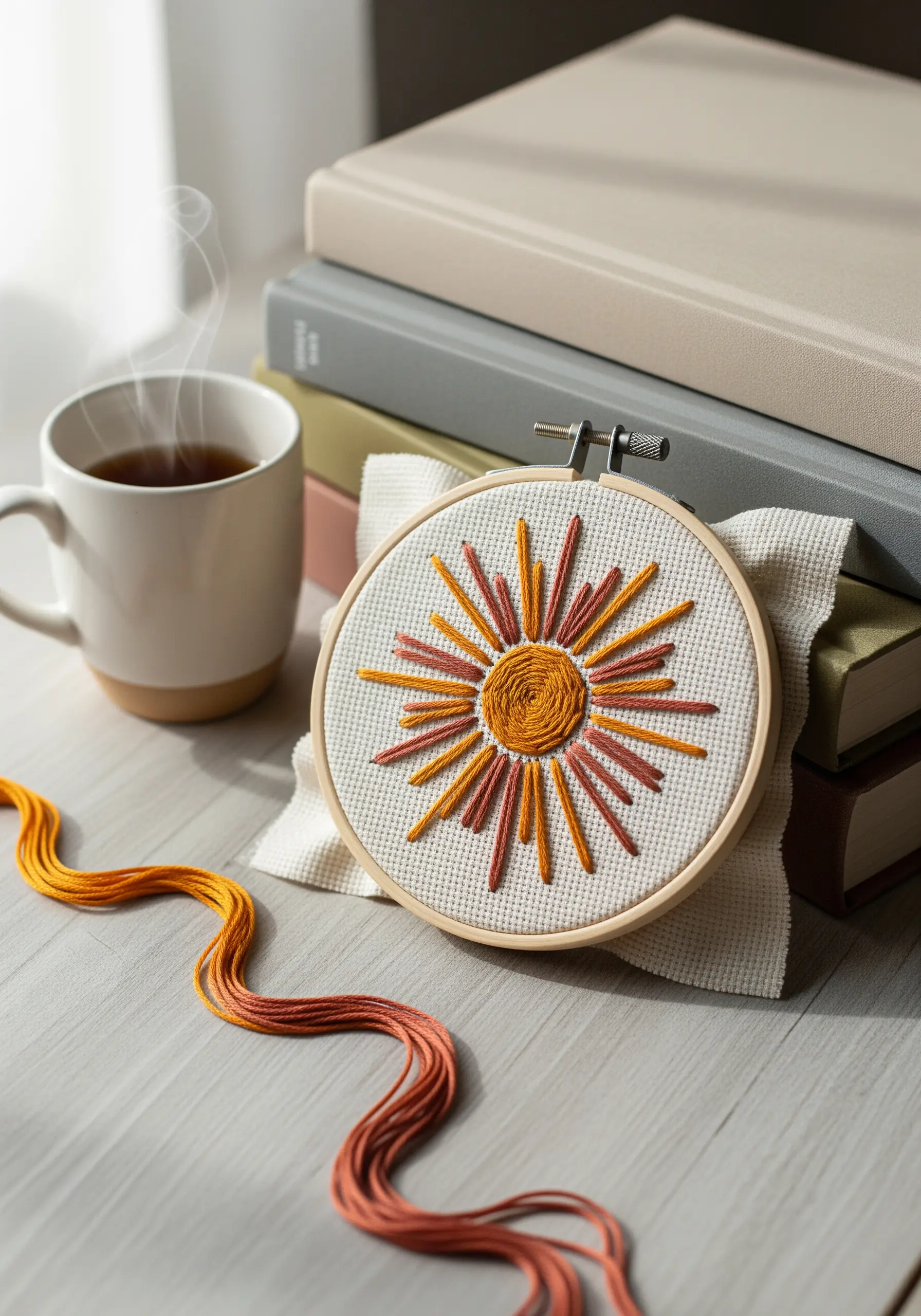 A stylized sun with a spiraled orange center and radiating yellow and red stitches.