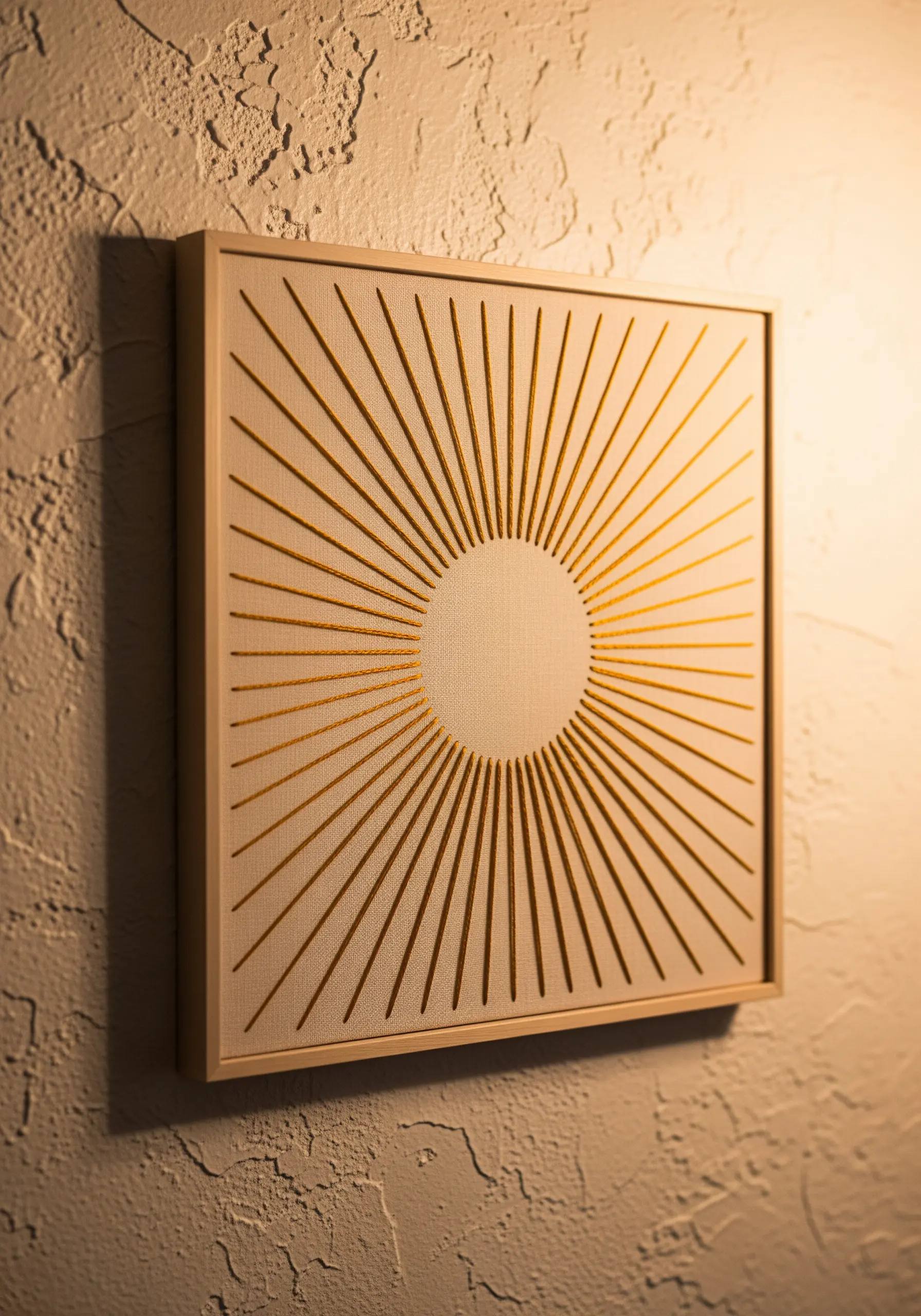 A framed string art sunburst with gold threads radiating from an empty central circle.