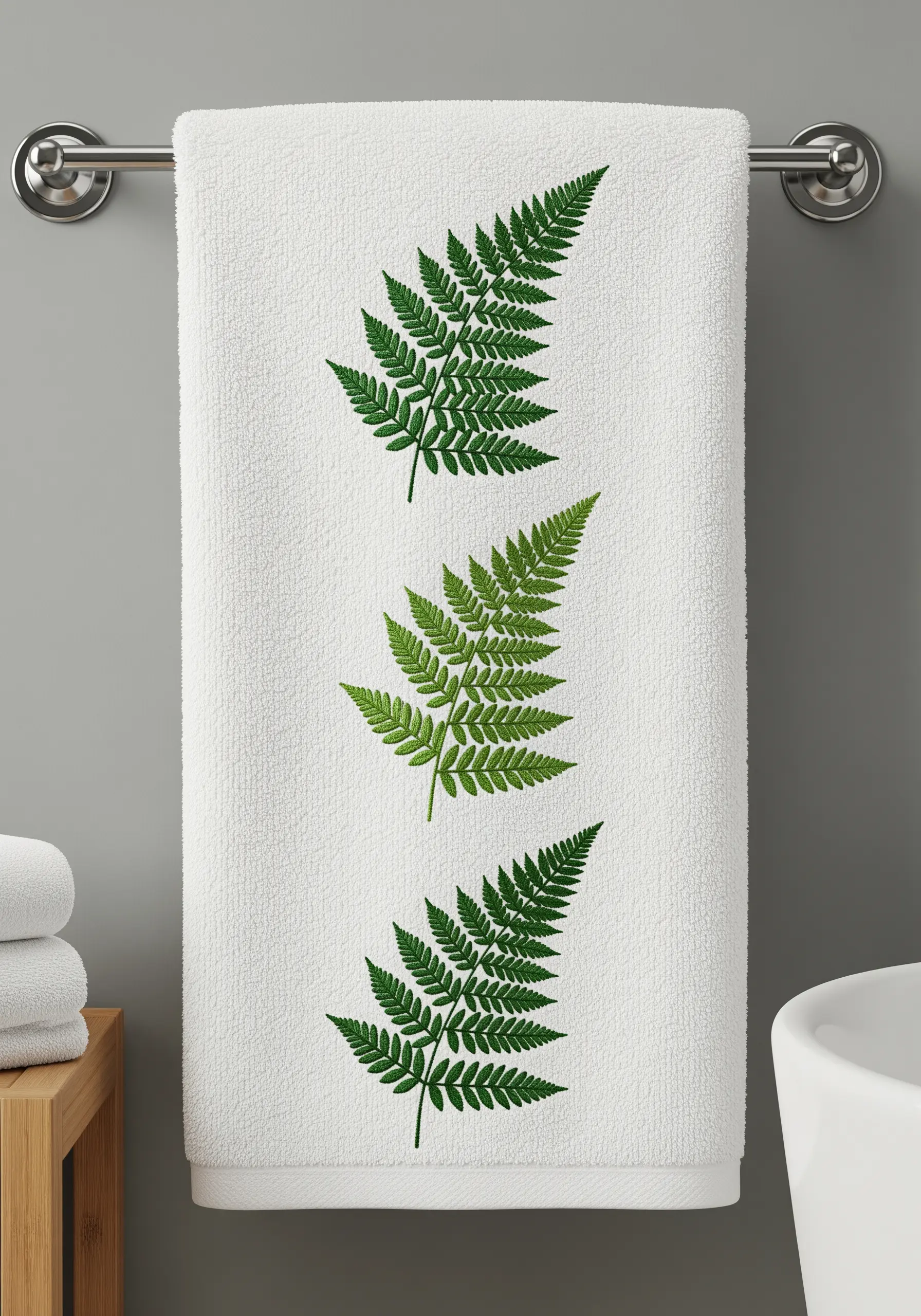 Three detailed, realistic fern fronds embroidered vertically on a white terrycloth hand towel.
