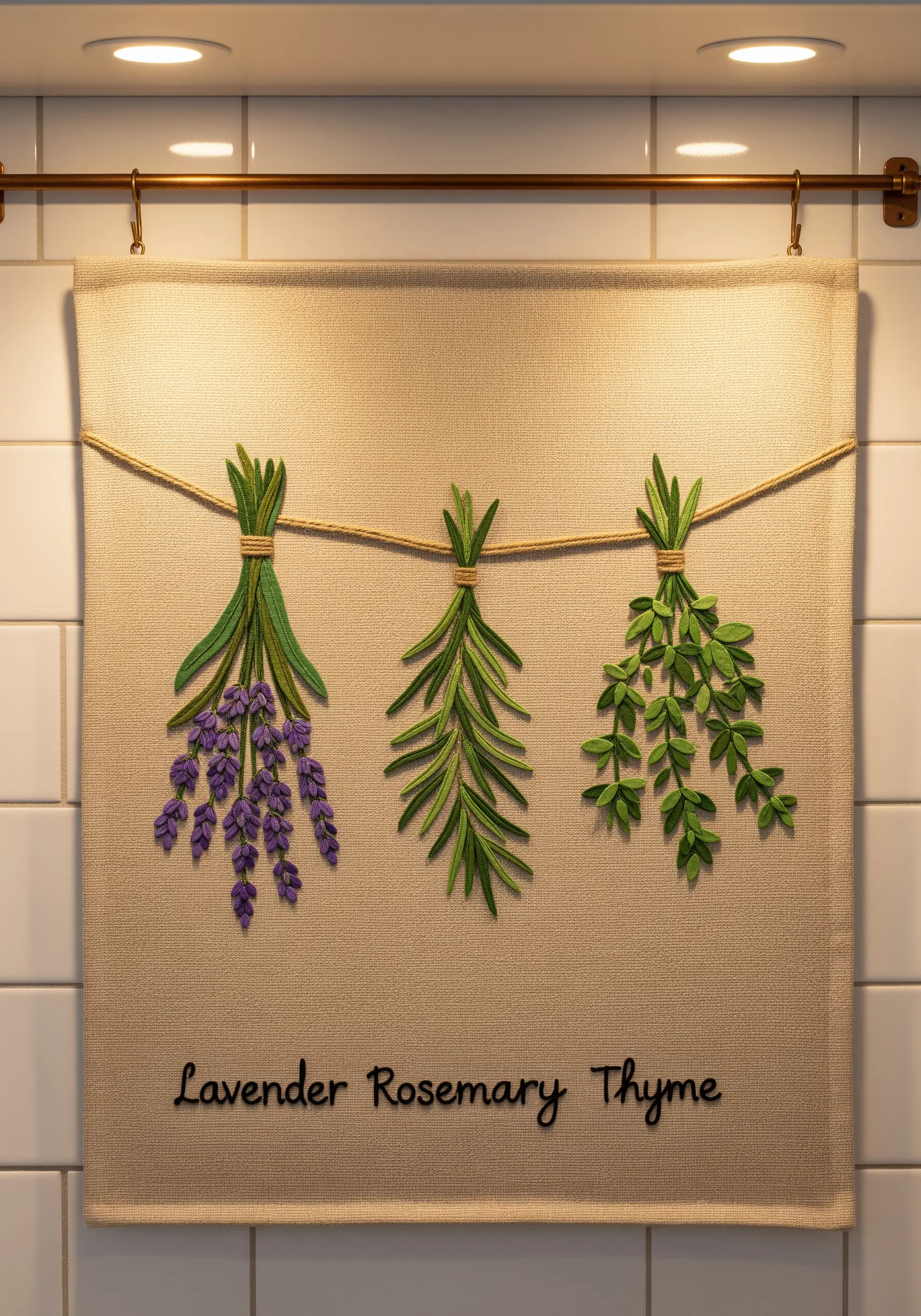 Wall hanging with three-dimensional embroidered lavender, rosemary, and thyme.