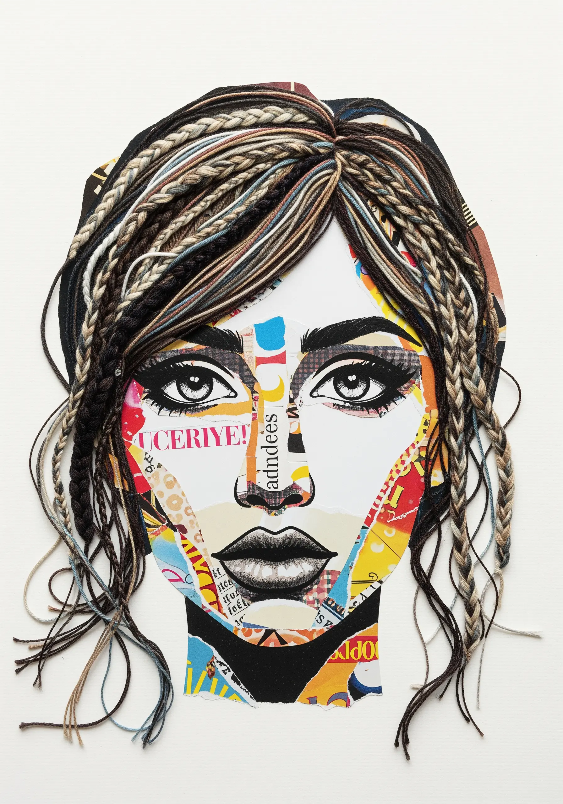 A paper collage portrait with realistic, dimensional hair made from braided yarn and threads.