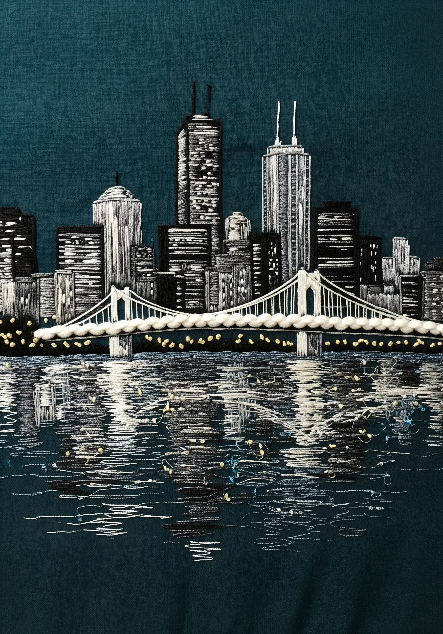 Monochrome embroidery of a Chicago skyline with bridge and water reflections.
