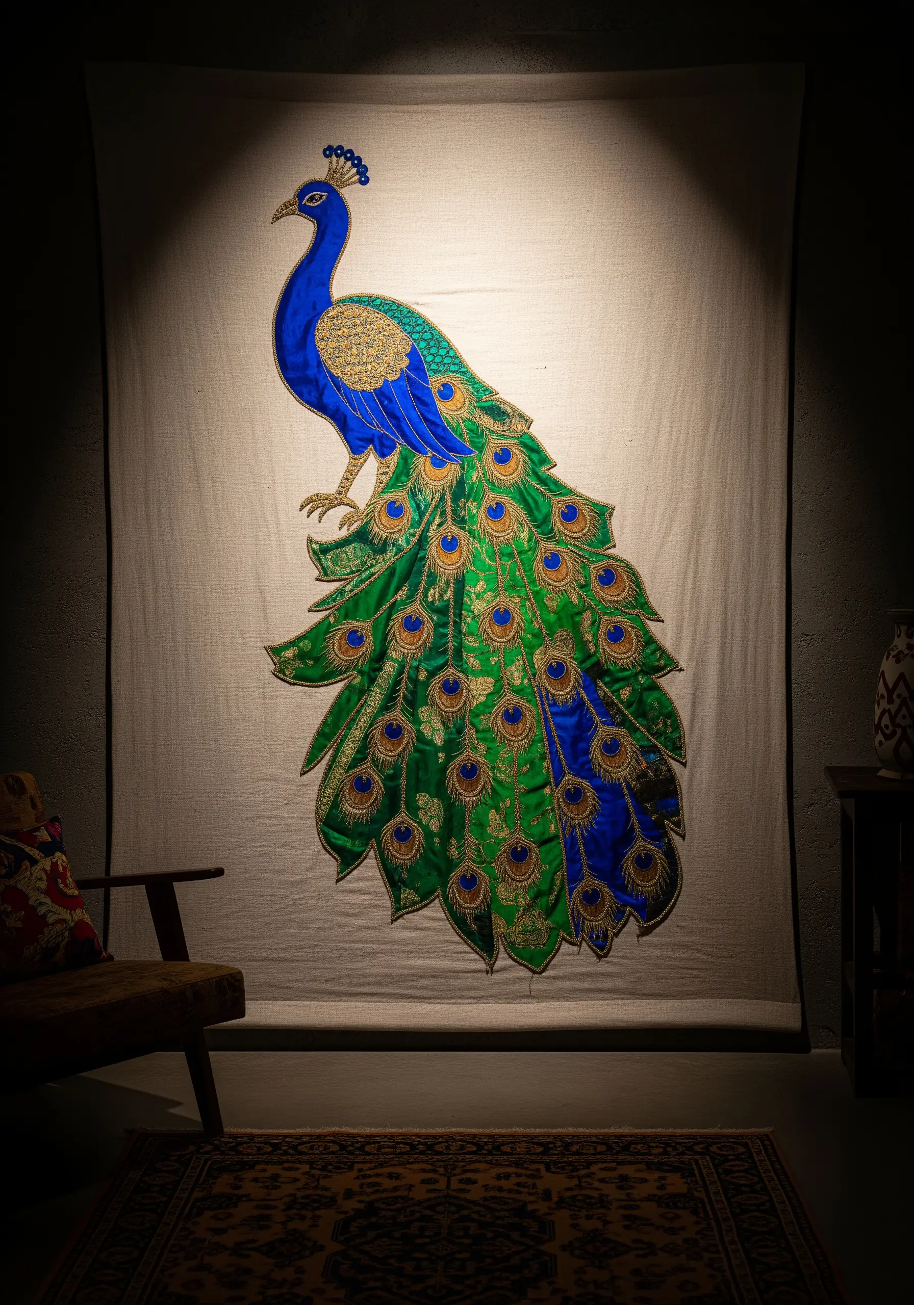 Large appliqué peacock on a linen wall hanging, detailed with gold thread and beads.