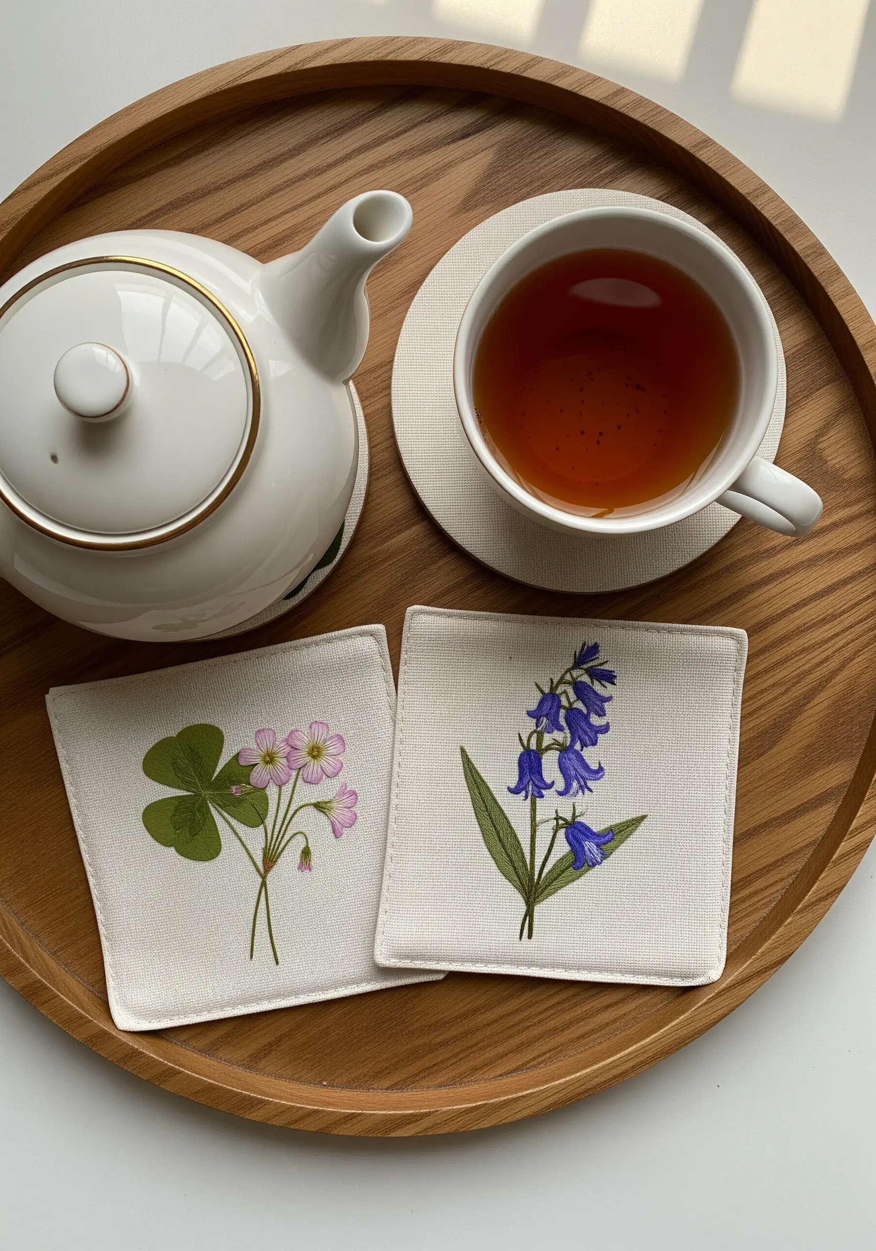 Two fabric coasters on a wooden tray, each featuring a different pressed wildflower.