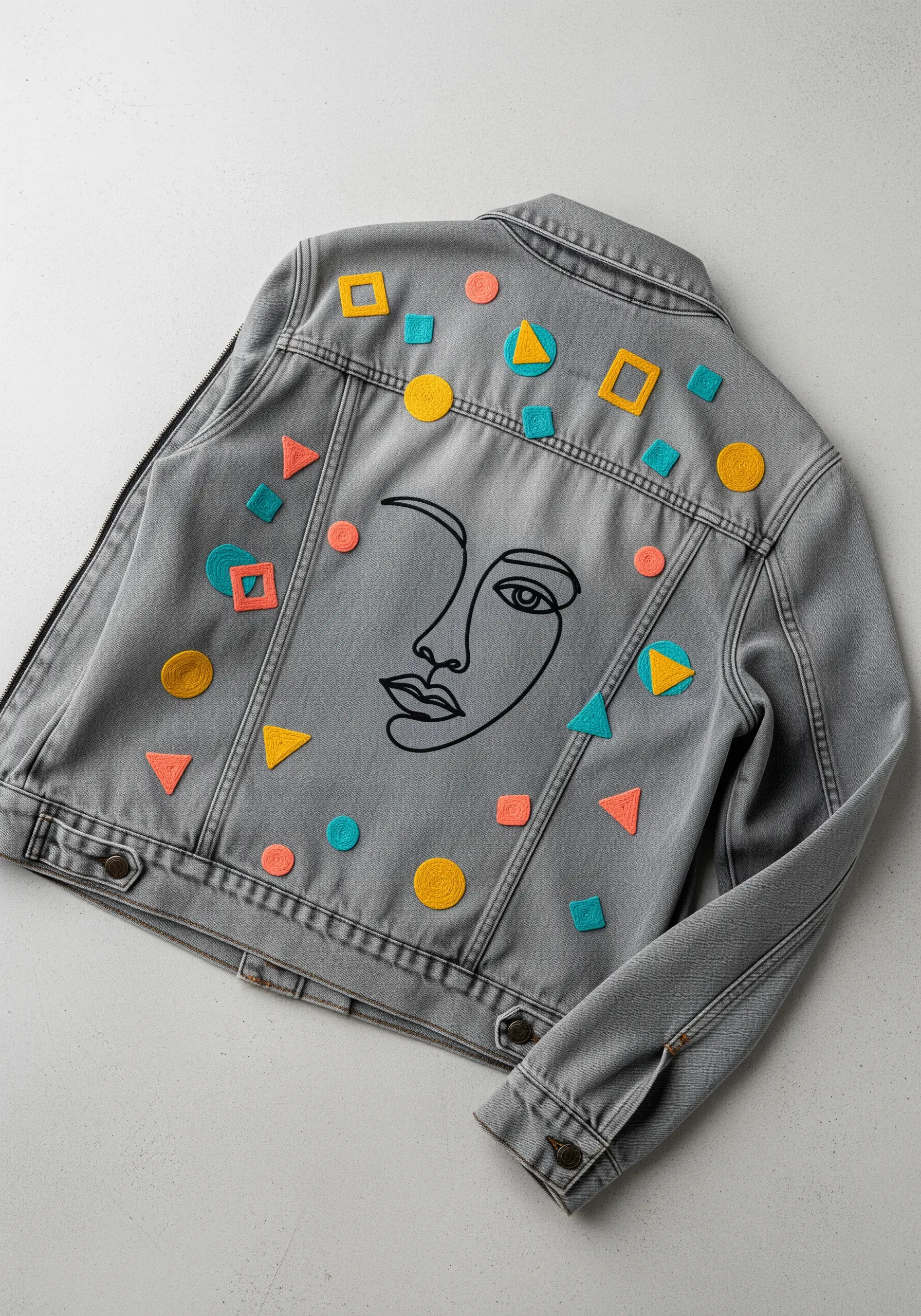 A line-art face on a grey jacket, surrounded by scattered, colorful embroidered geometric shapes.