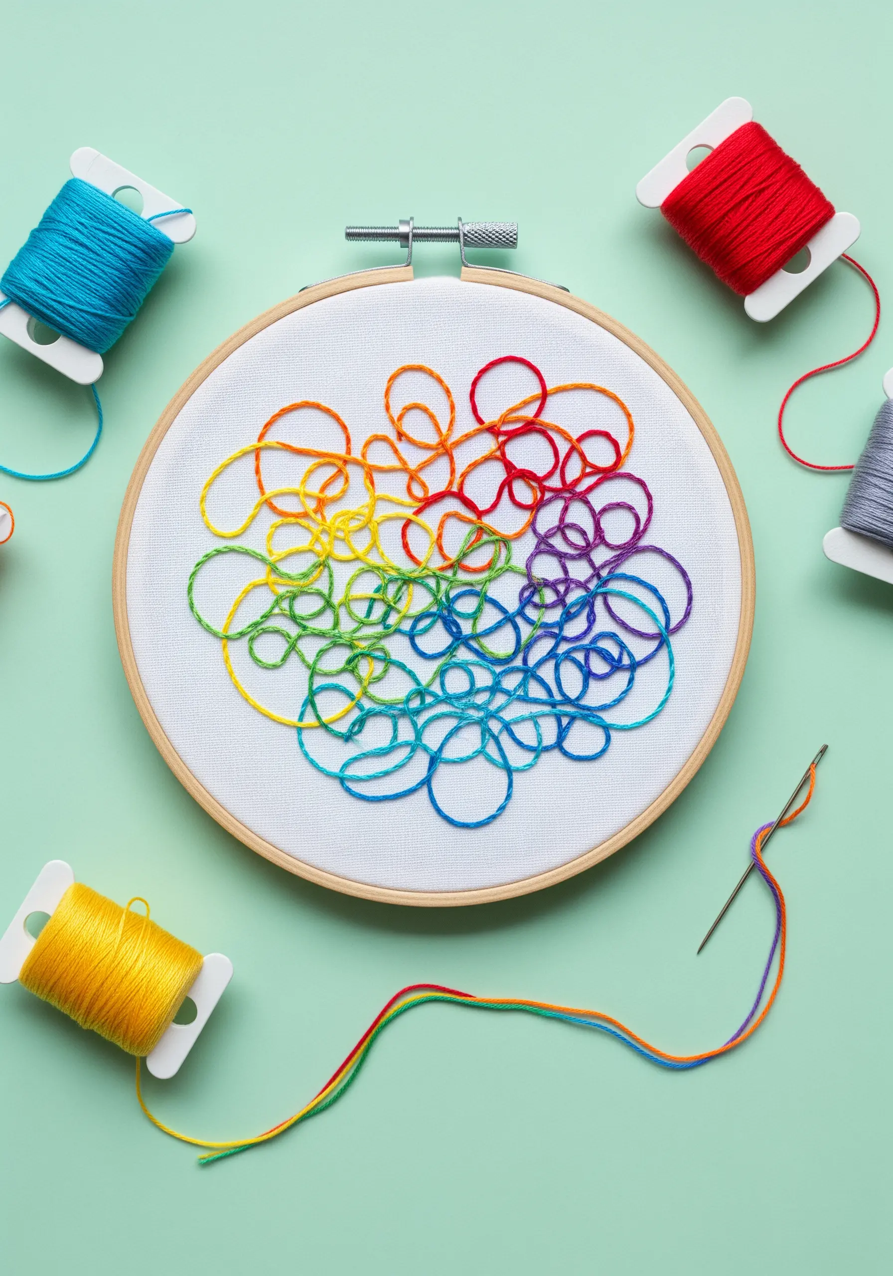 Rainbow-colored thread couched in overlapping loops on white fabric in an embroidery hoop.