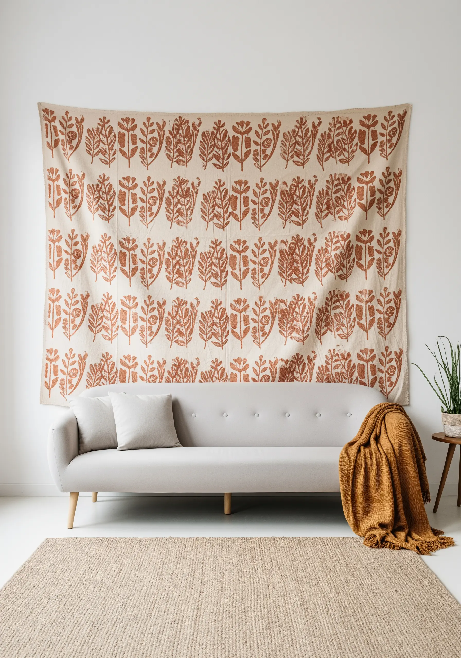 A large wall tapestry with a repeating block-printed botanical motif in terracotta orange.
