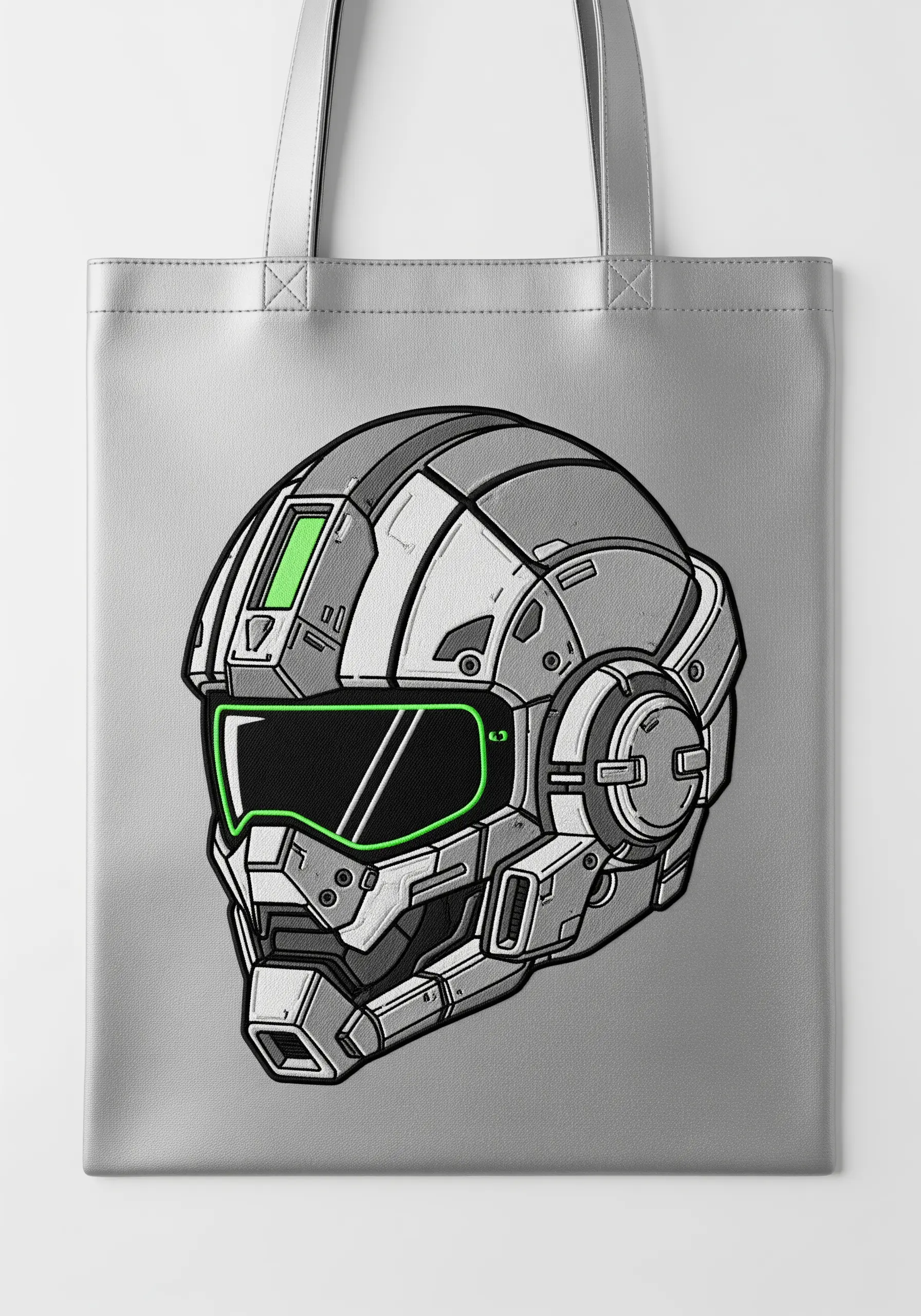 A detailed sci-fi helmet embroidered with grey thread and a neon green visor.