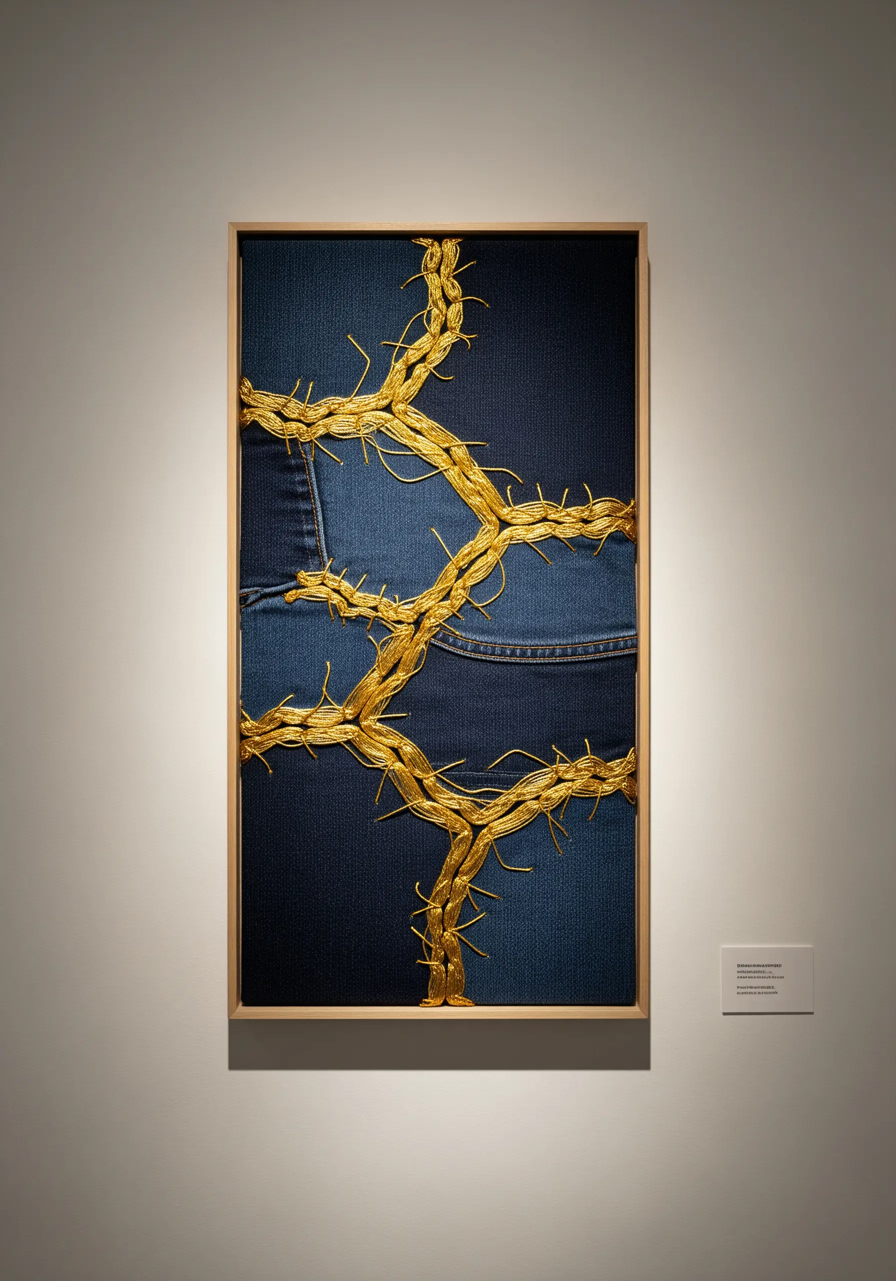 Framed wall art featuring thick, couched gold thread over layered blue denim fabric.