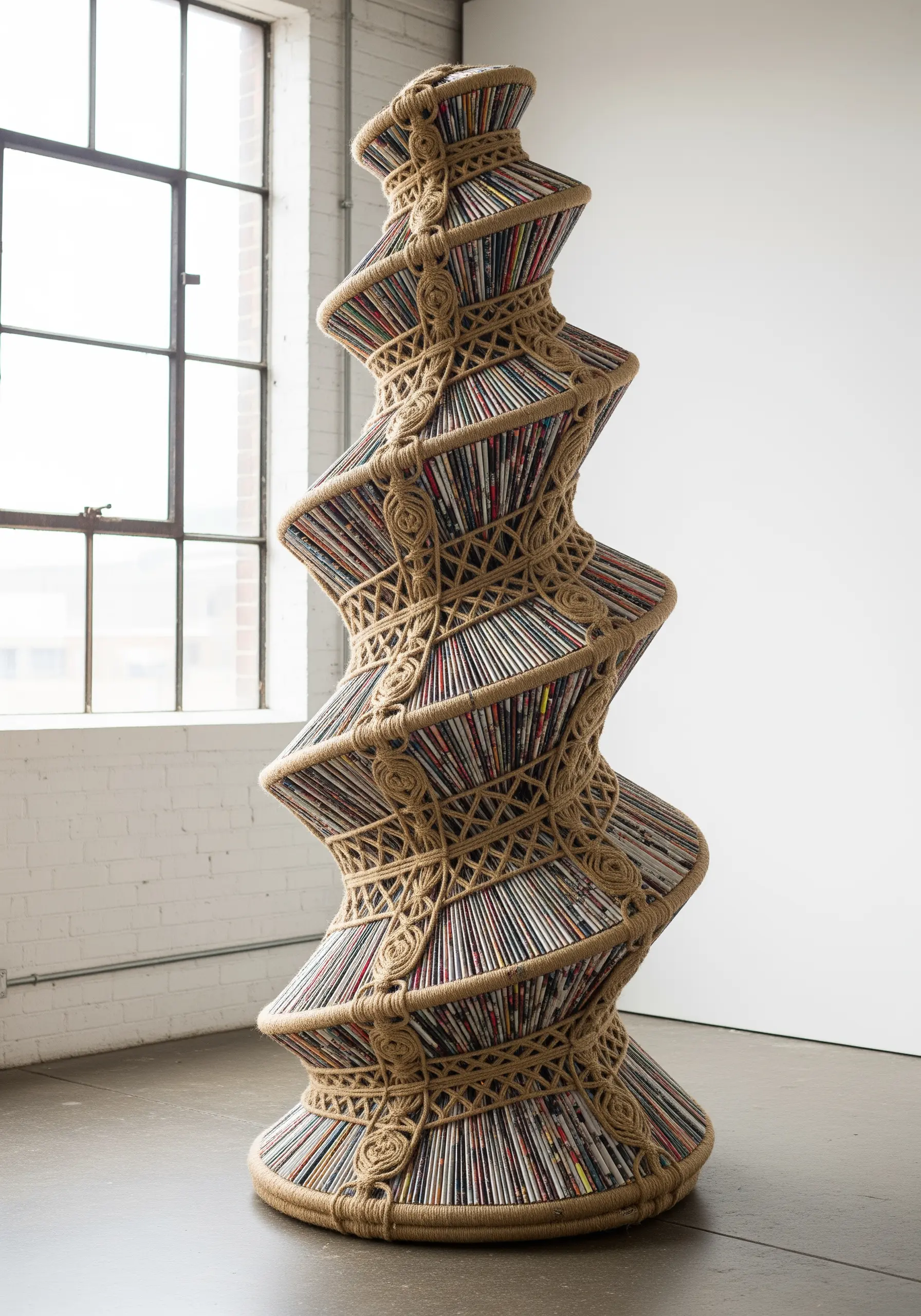 A tall, twisted sculpture made from stacked magazines bound together with knotted rope.