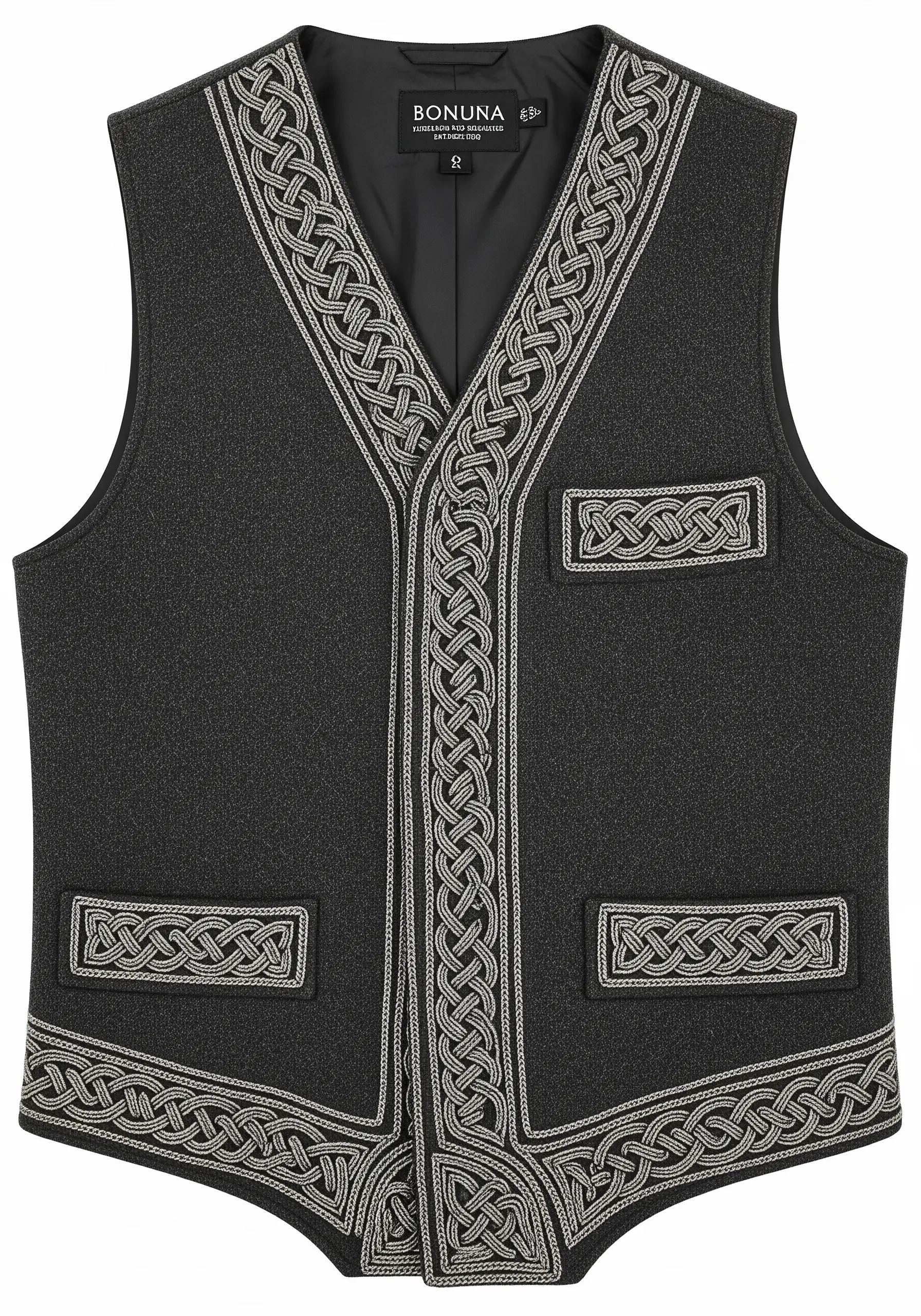 Silver cord couched into intricate Celtic knot patterns on a dark gray wool vest.