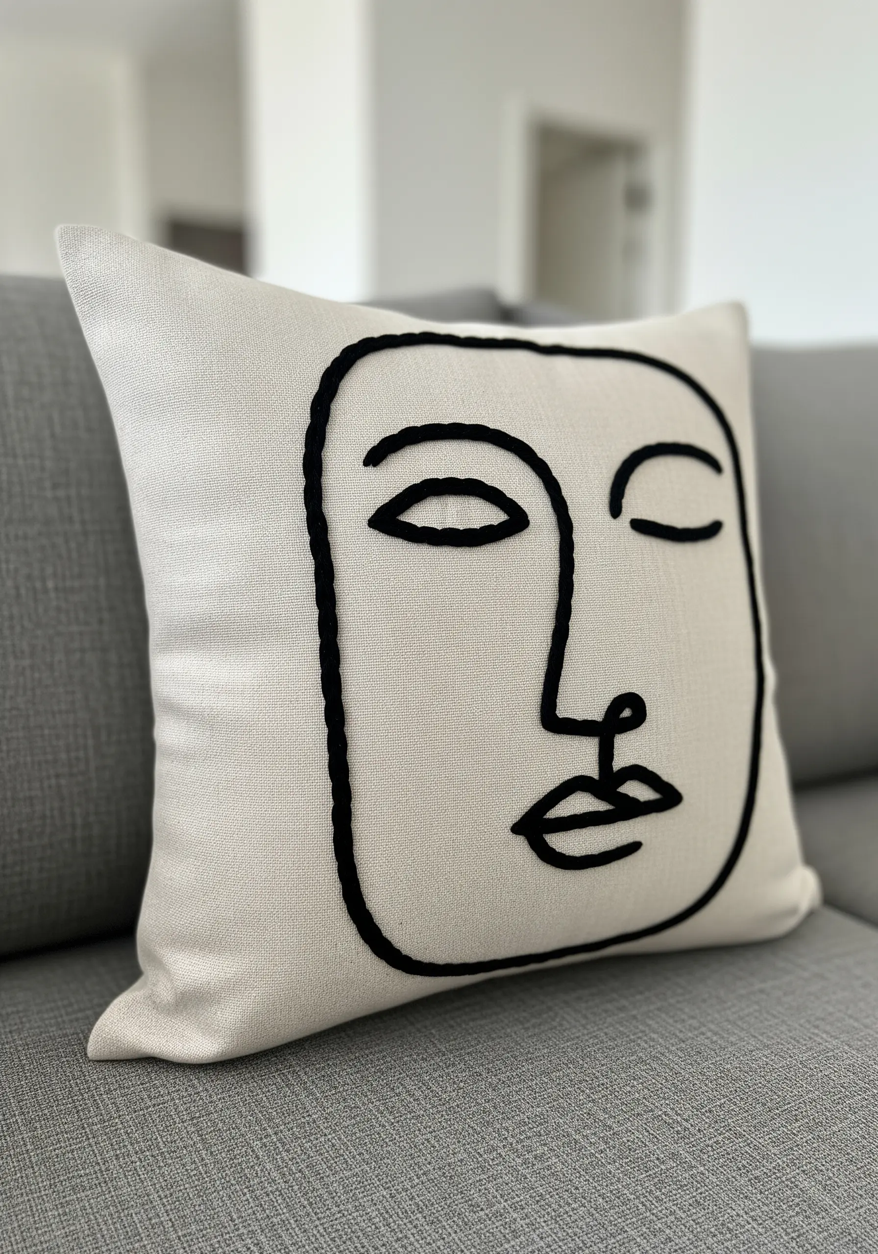 Modern line art face embroidered with thick black yarn on a cream cushion.