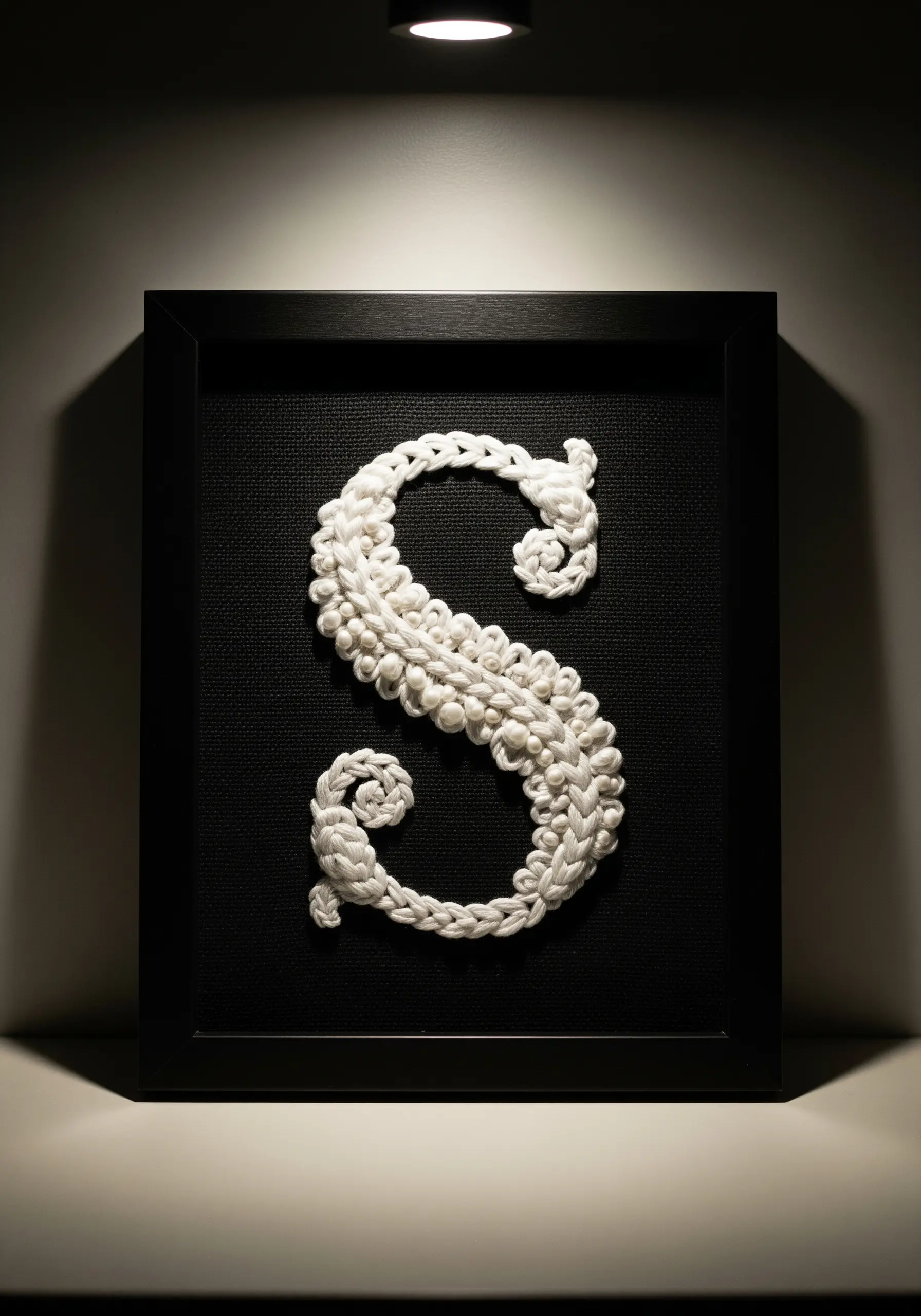 A framed monogram 'S' created with a thick, knotted white cord on a black background.