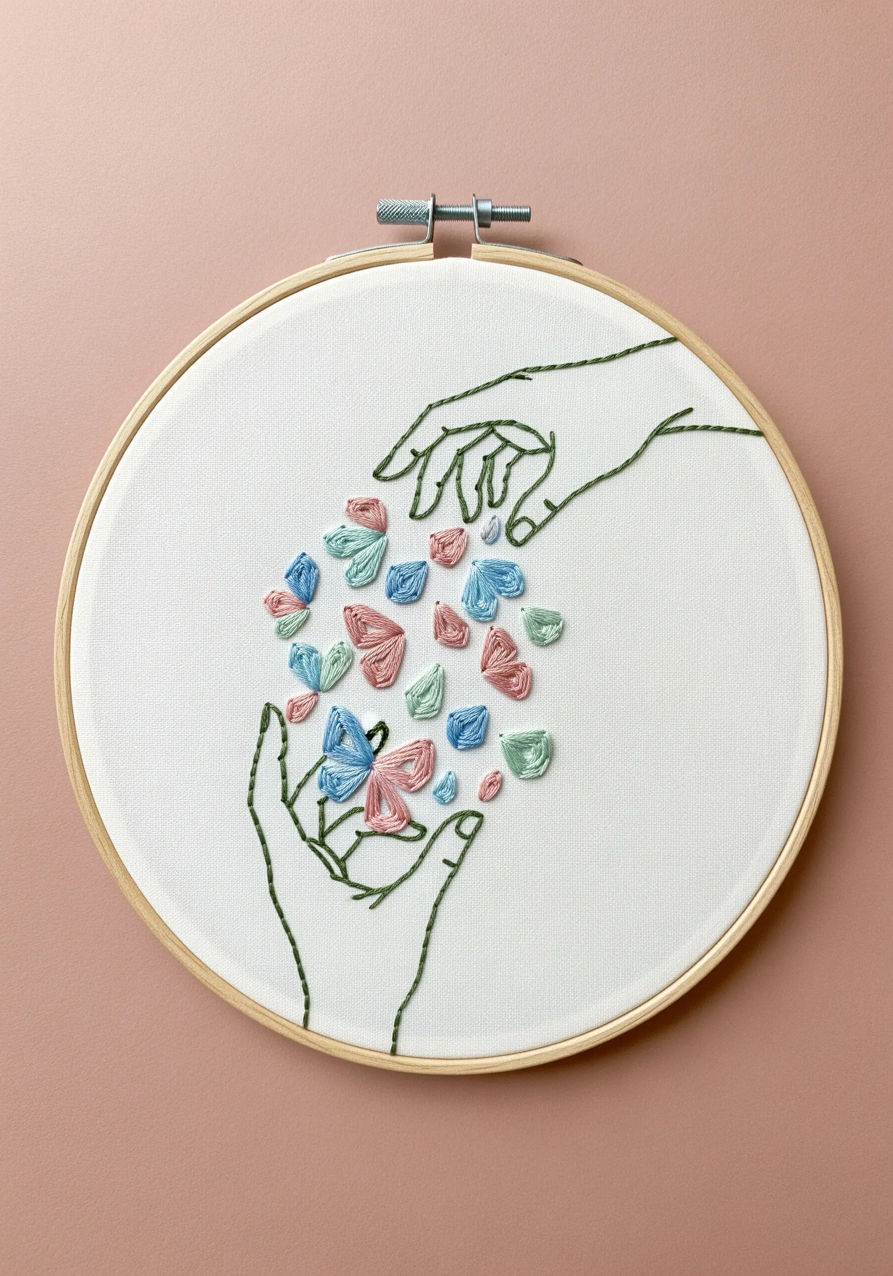 Line art hands catching raised woven wheel stitch petals in soft pastel colors.
