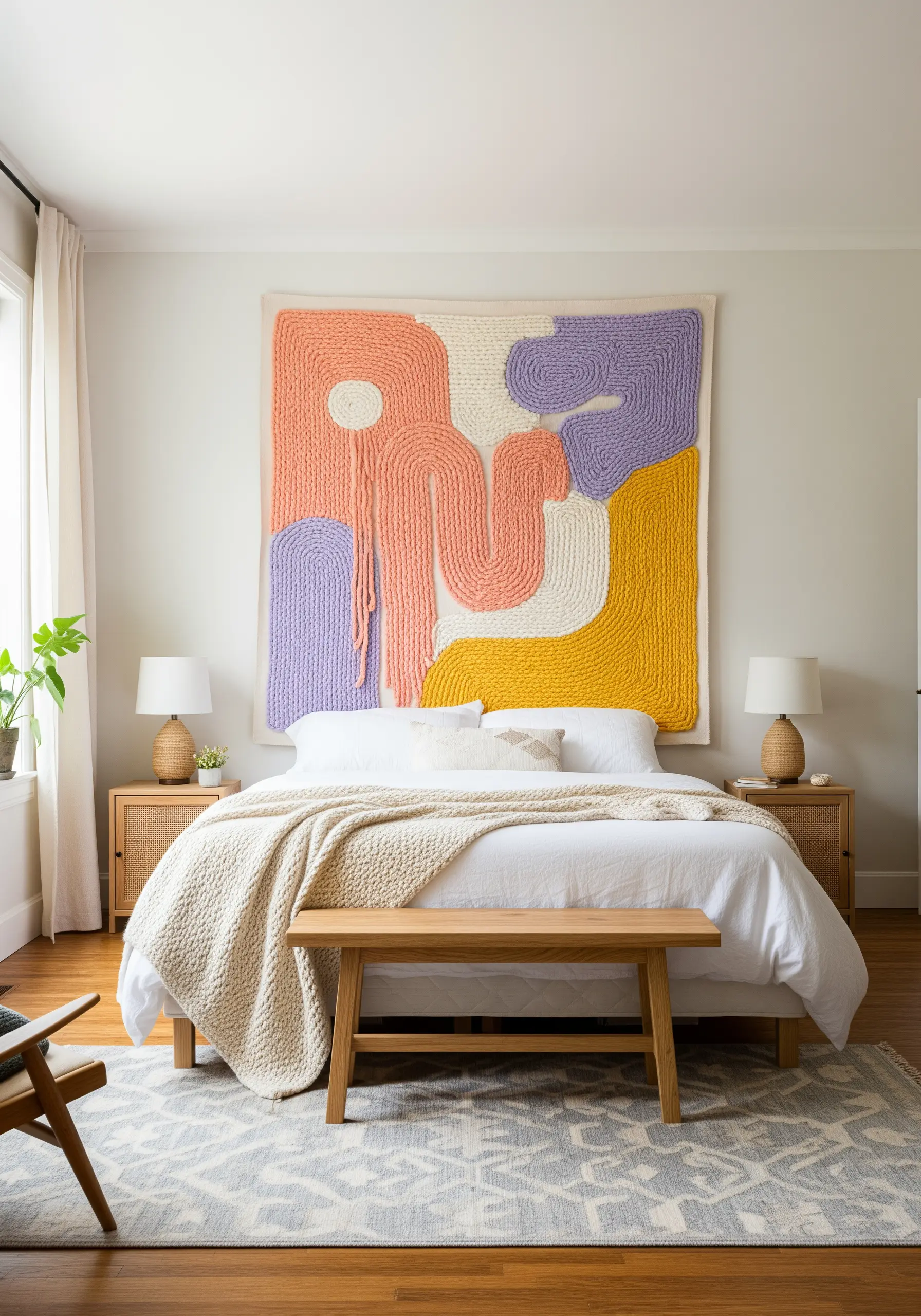A large, abstract wall hanging made with chunky yarn in pastel colors above a bed.