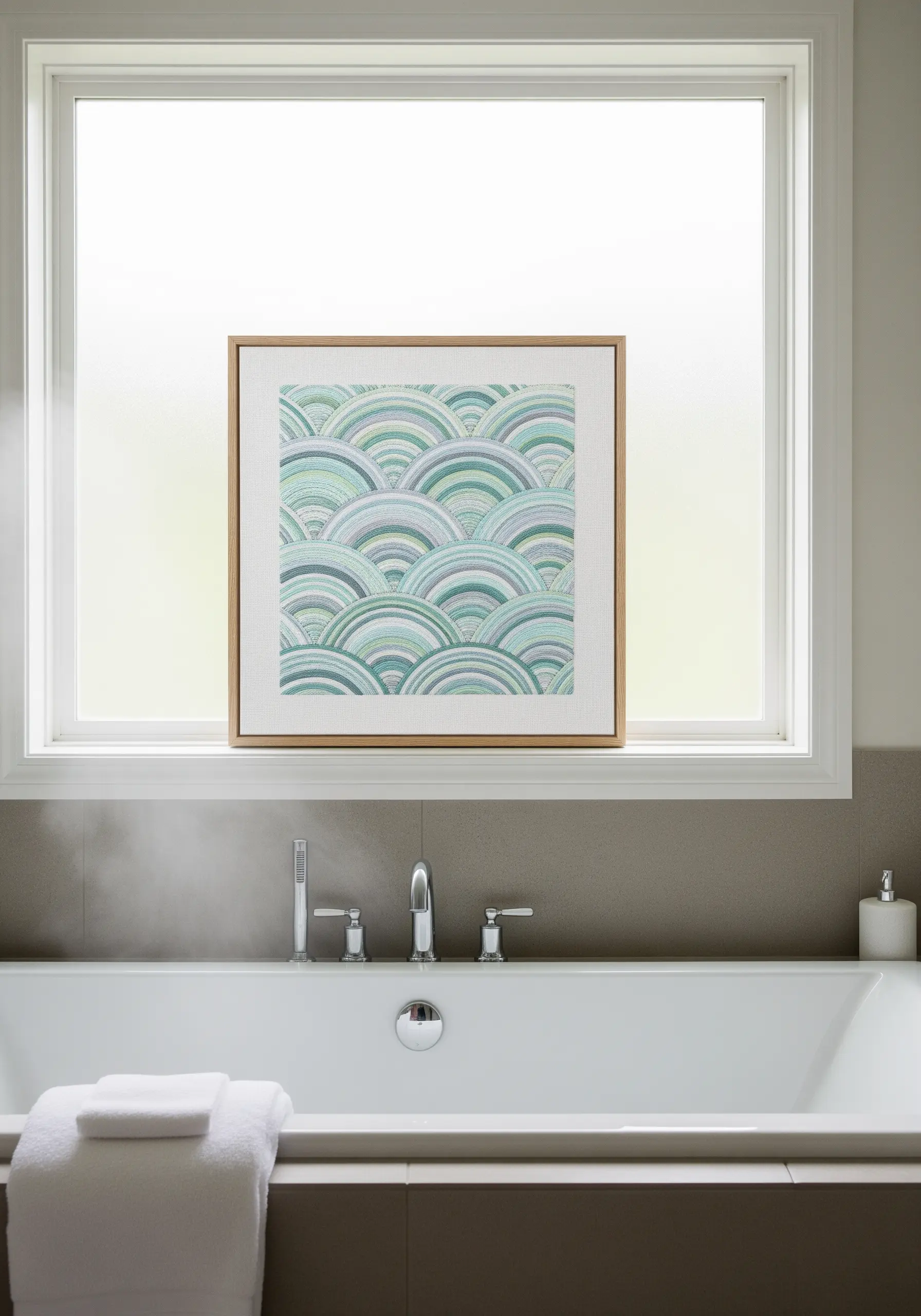 A framed embroidery of geometric, scalloped waves in shades of green and blue.