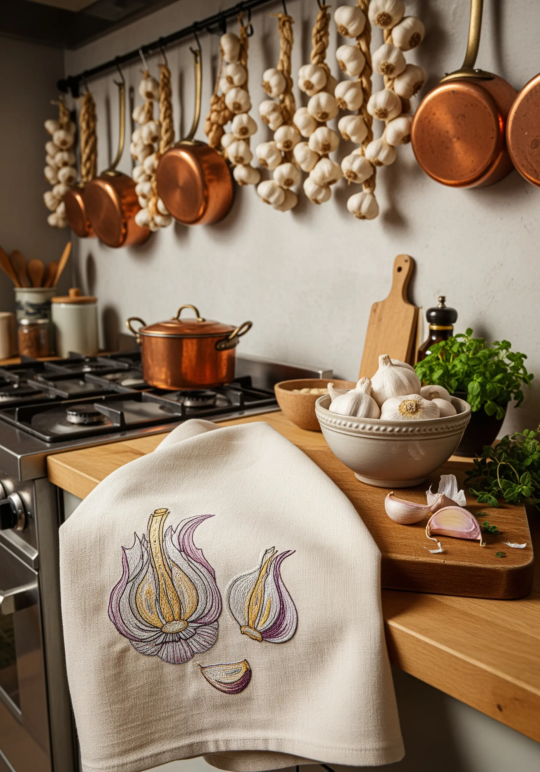 Two embroidered garlic bulbs with a papery texture, stitched on a light linen towel.