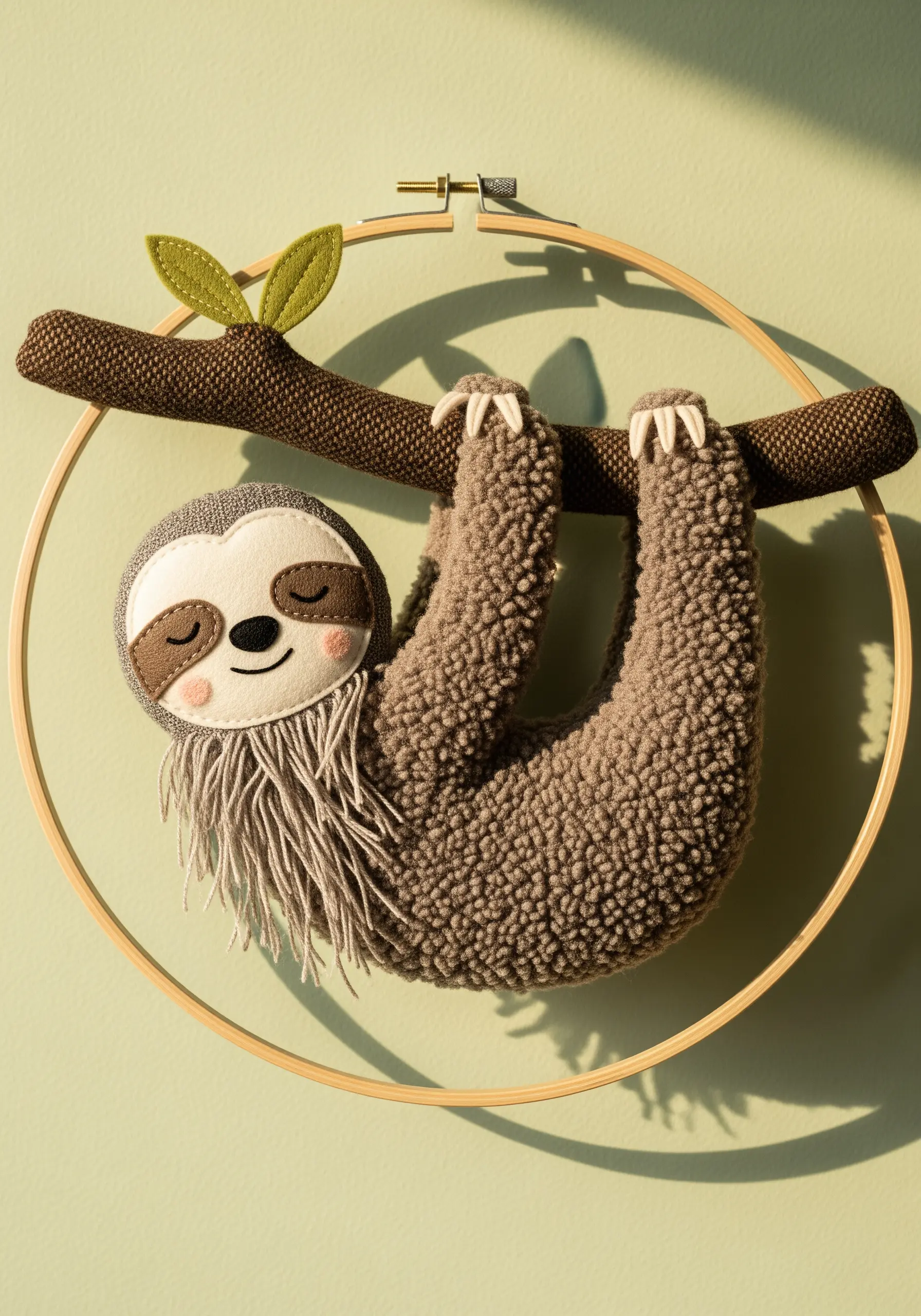 A hanging sloth made from felt and boucle fabric, with long strands of yarn for shaggy fur.