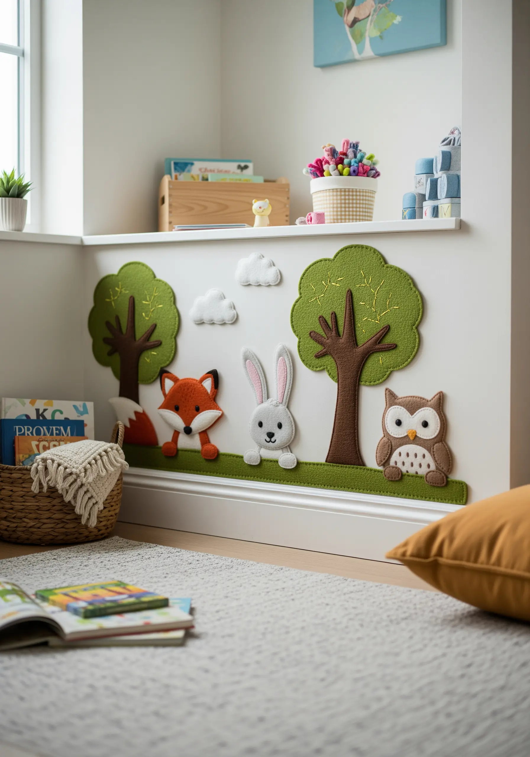 A child's room wall decorated with felt appliqué woodland animals with embroidered details.
