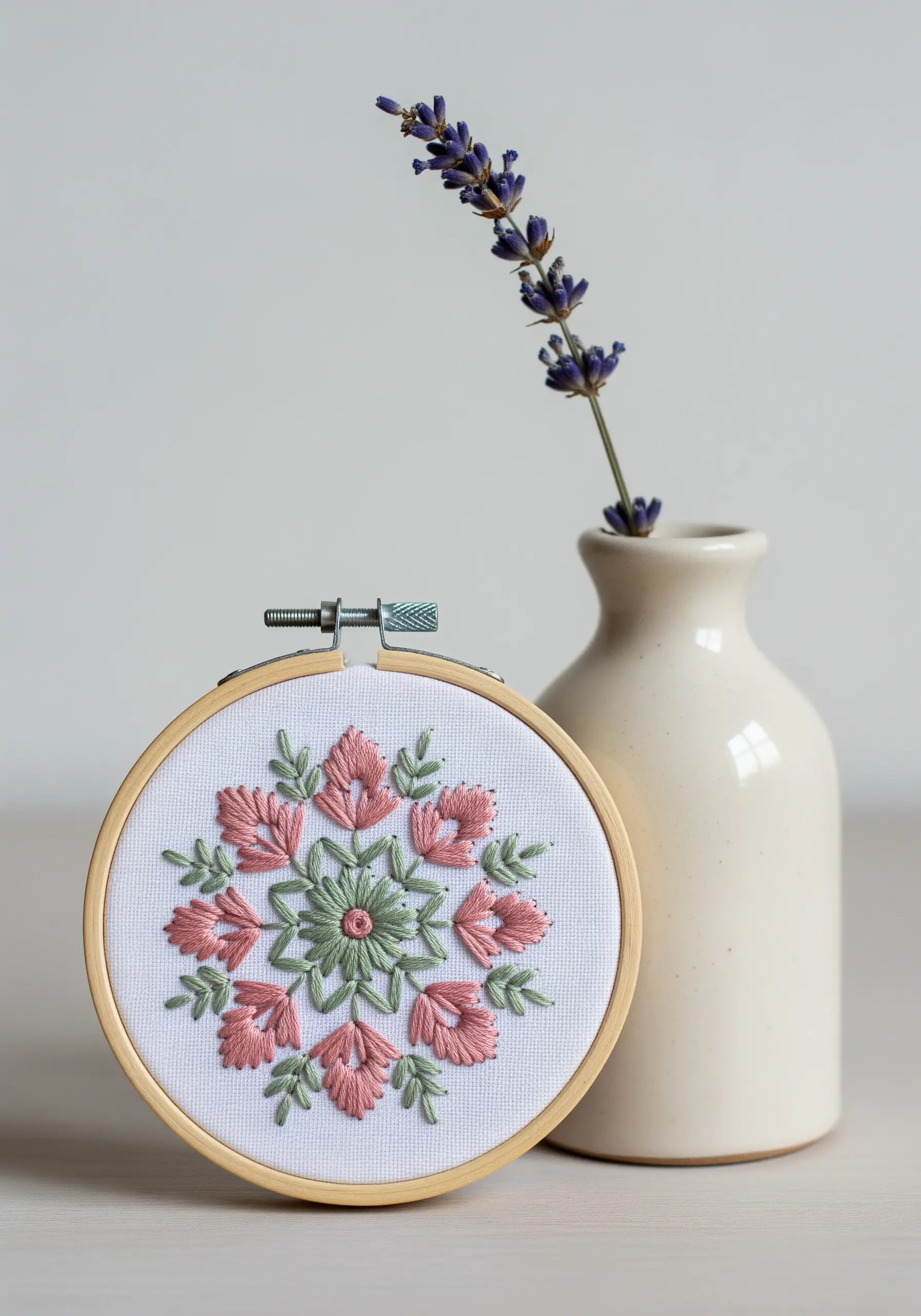 Pink and green floral mandala in a small hoop next to a lavender sprig.