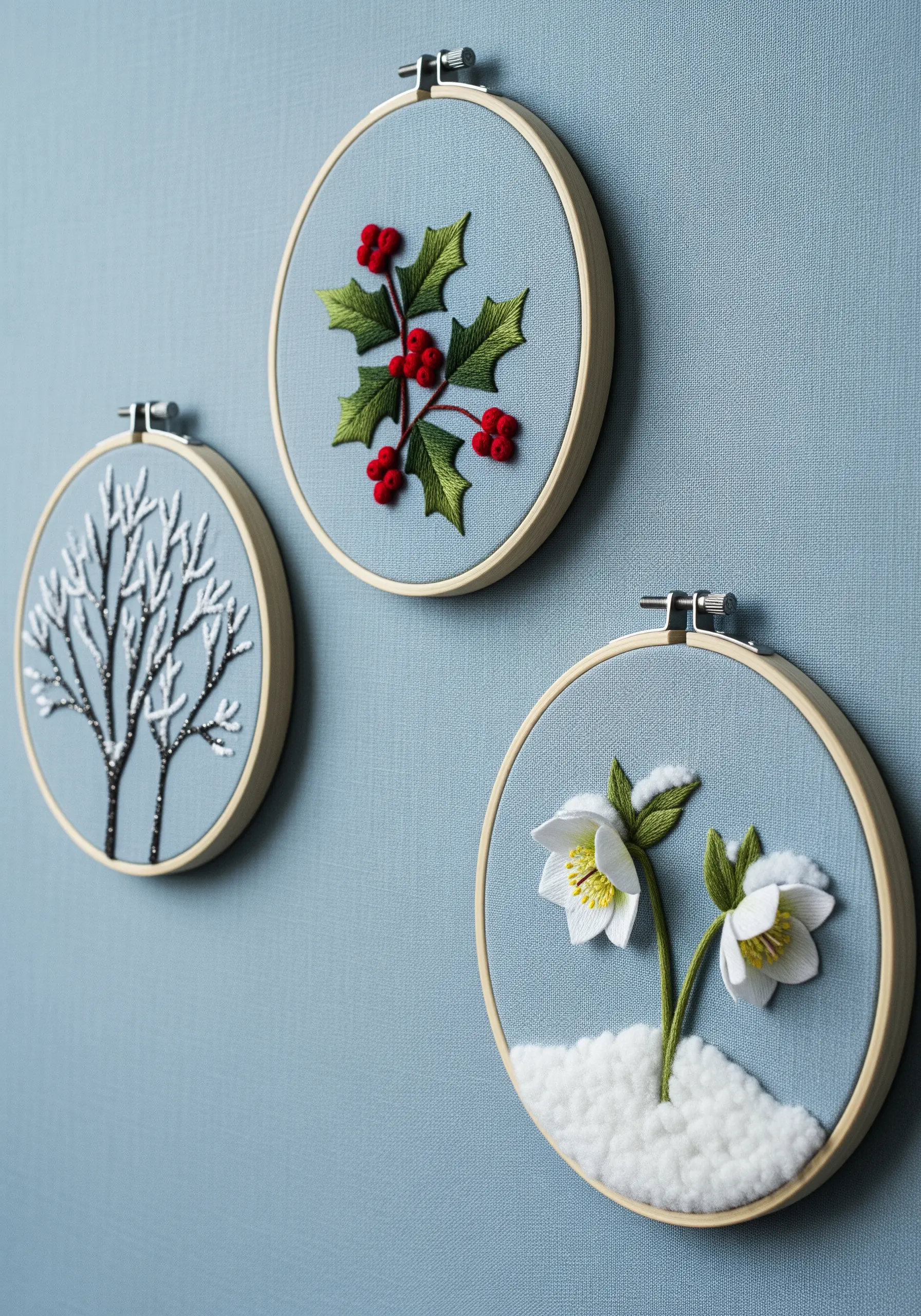 Winter-themed embroidery triptych with a snowy tree, holly, and hellebore flowers in snow.