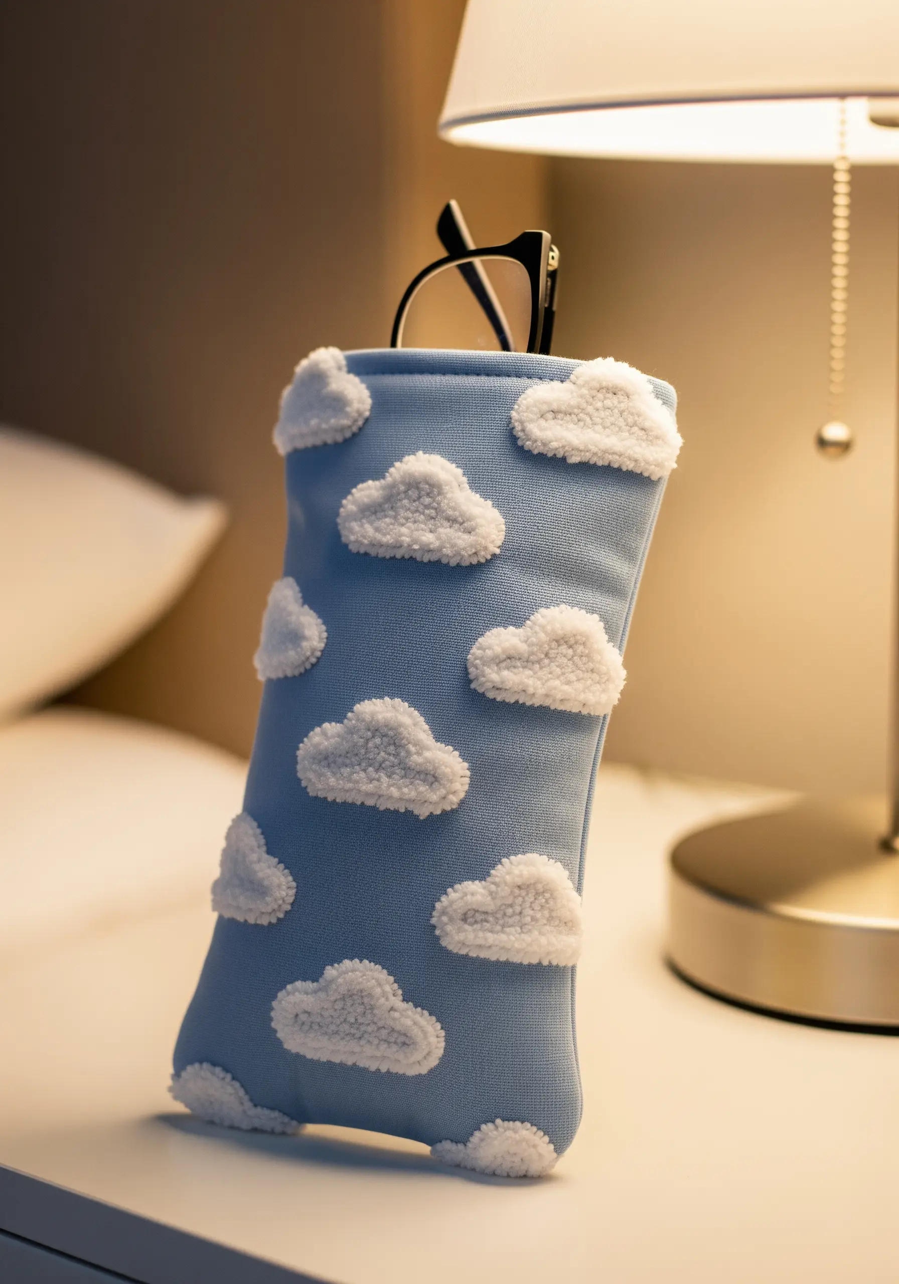 A blue fabric glasses case decorated with fluffy, white sherpa fabric clouds.