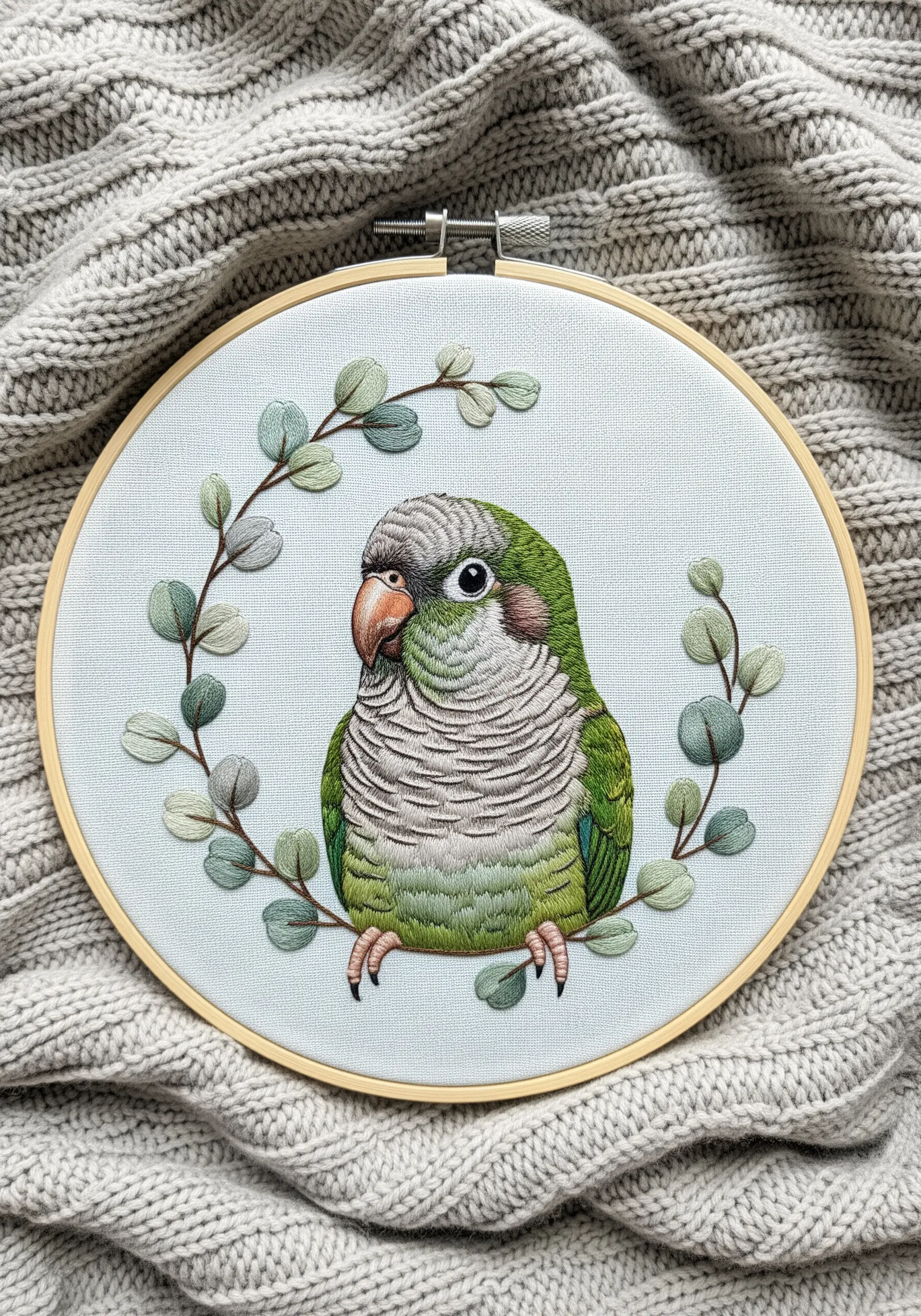 A gentle portrait of a green Quaker parrot framed by a wreath of eucalyptus leaves.