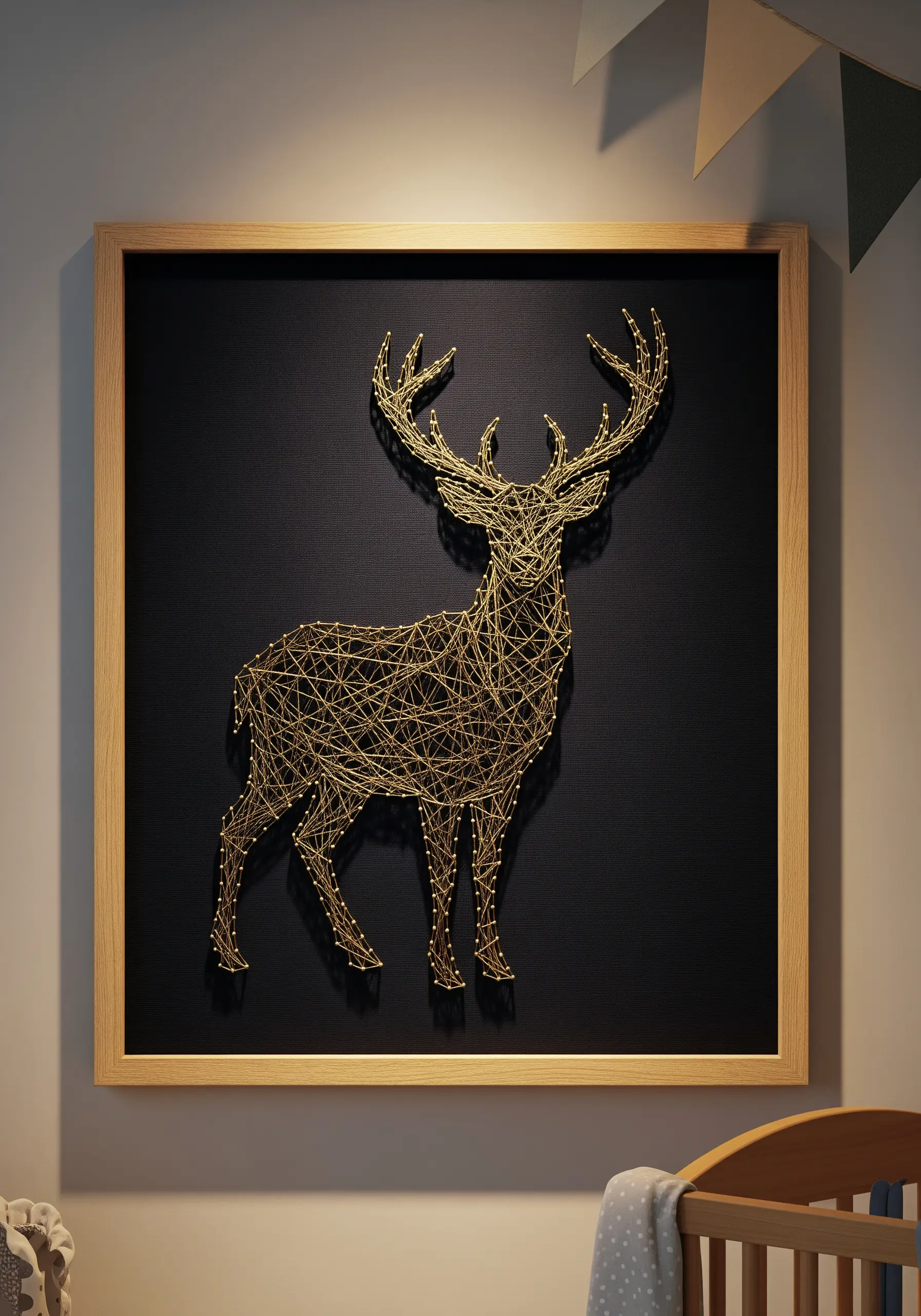 Gold metallic thread embroidery of a deer silhouette on black fabric in a wooden frame.
