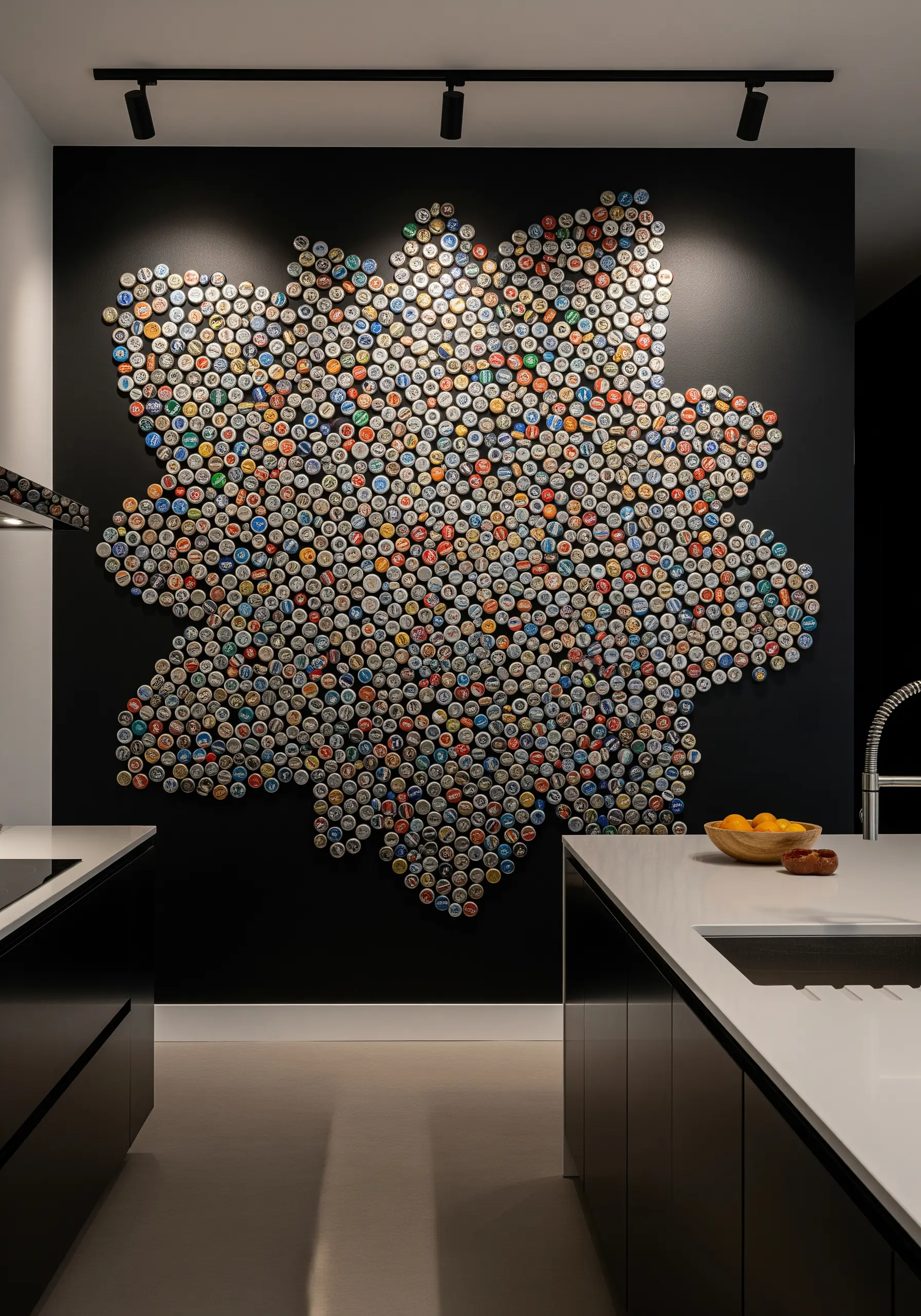 A massive, flower-shaped wall mosaic created from thousands of colorful bottle caps.