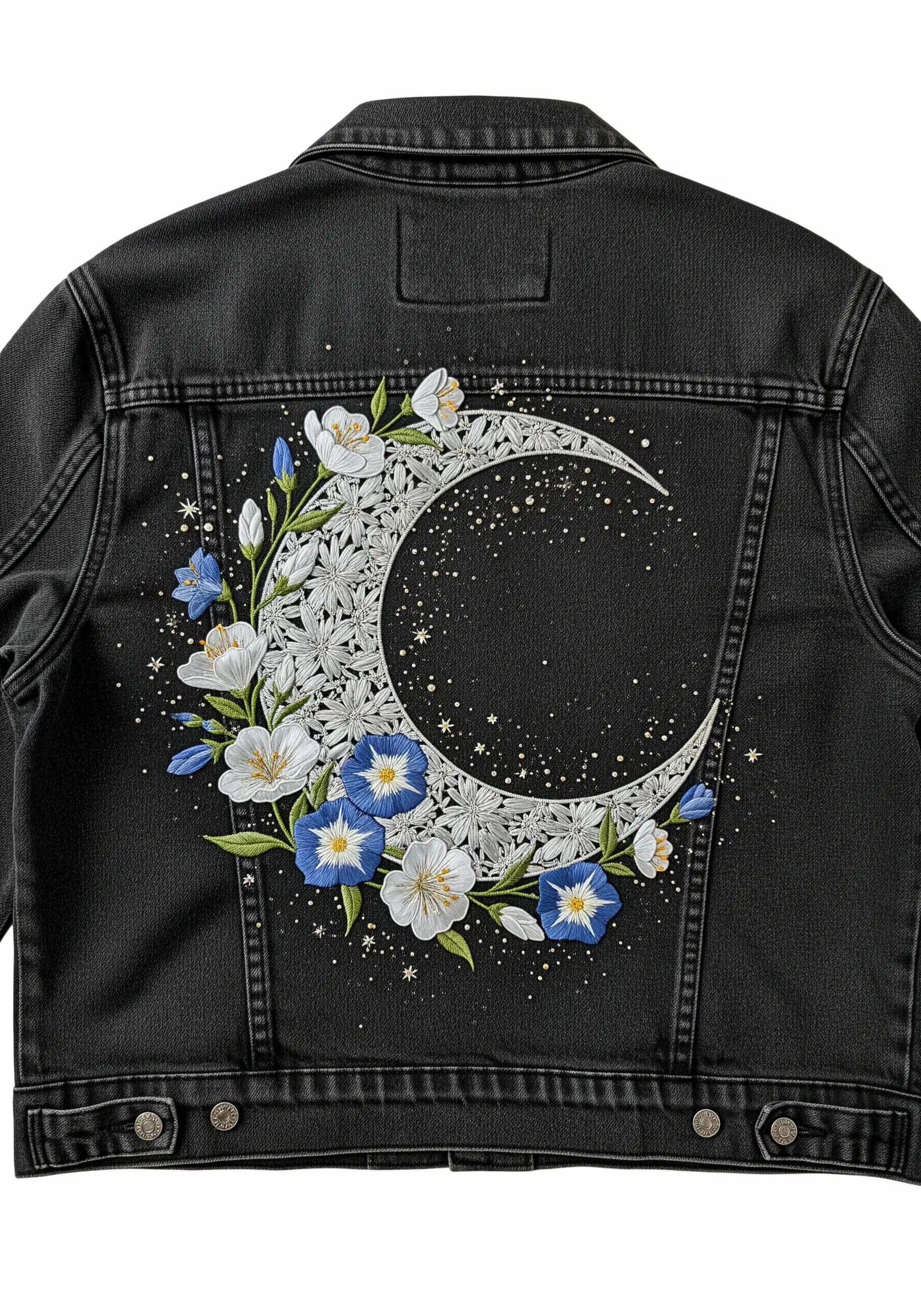 White floral crescent moon embroidery with blue accents on a black denim jacket.