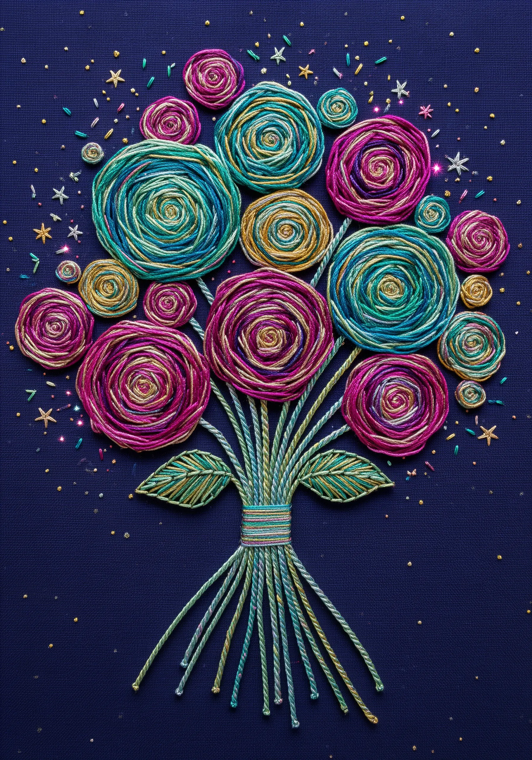 A stylized bouquet of roses made from concentric spirals of variegated and colorful thread.