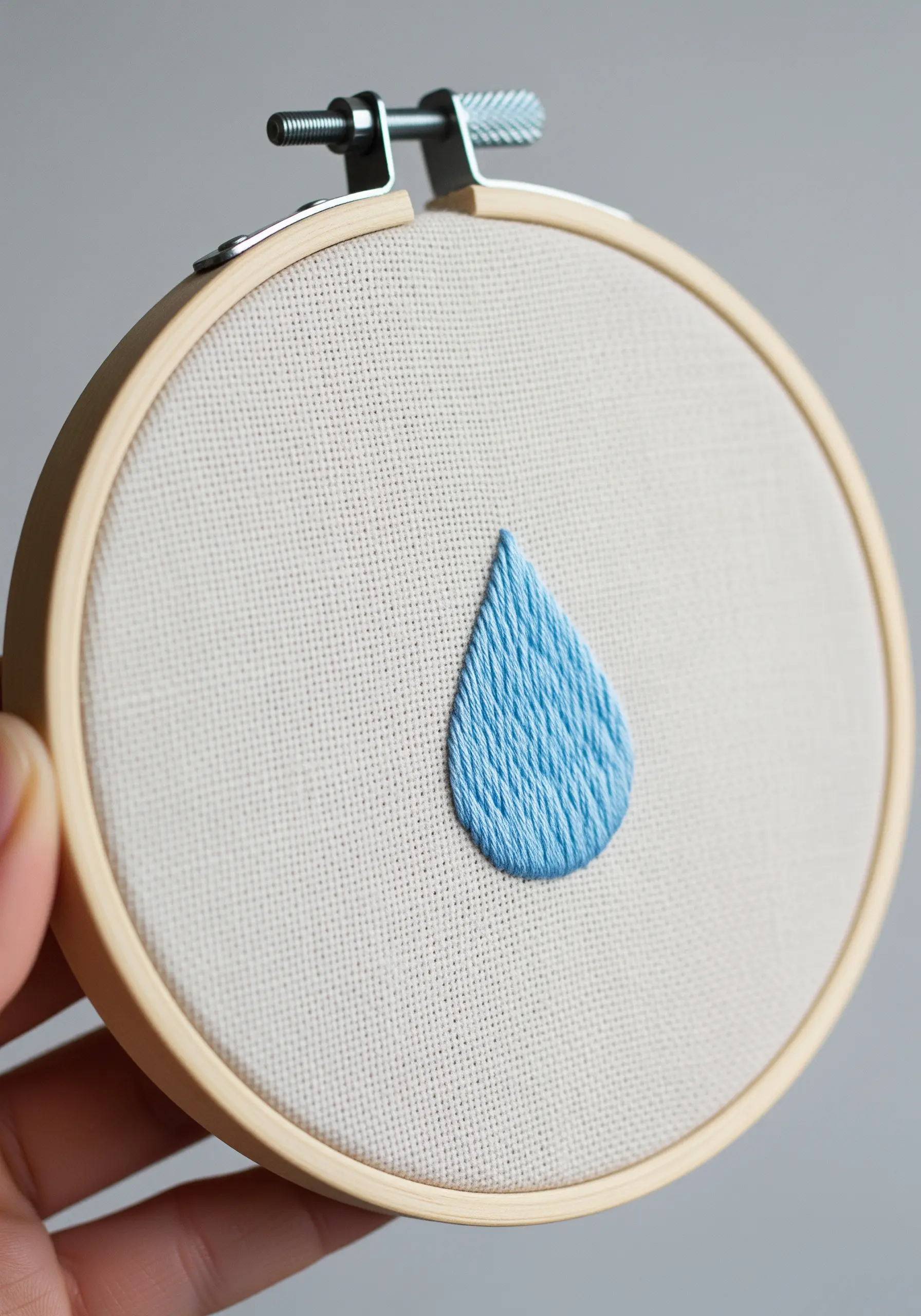 A single blue raindrop filled with angled satin stitch to create subtle light and shadow.