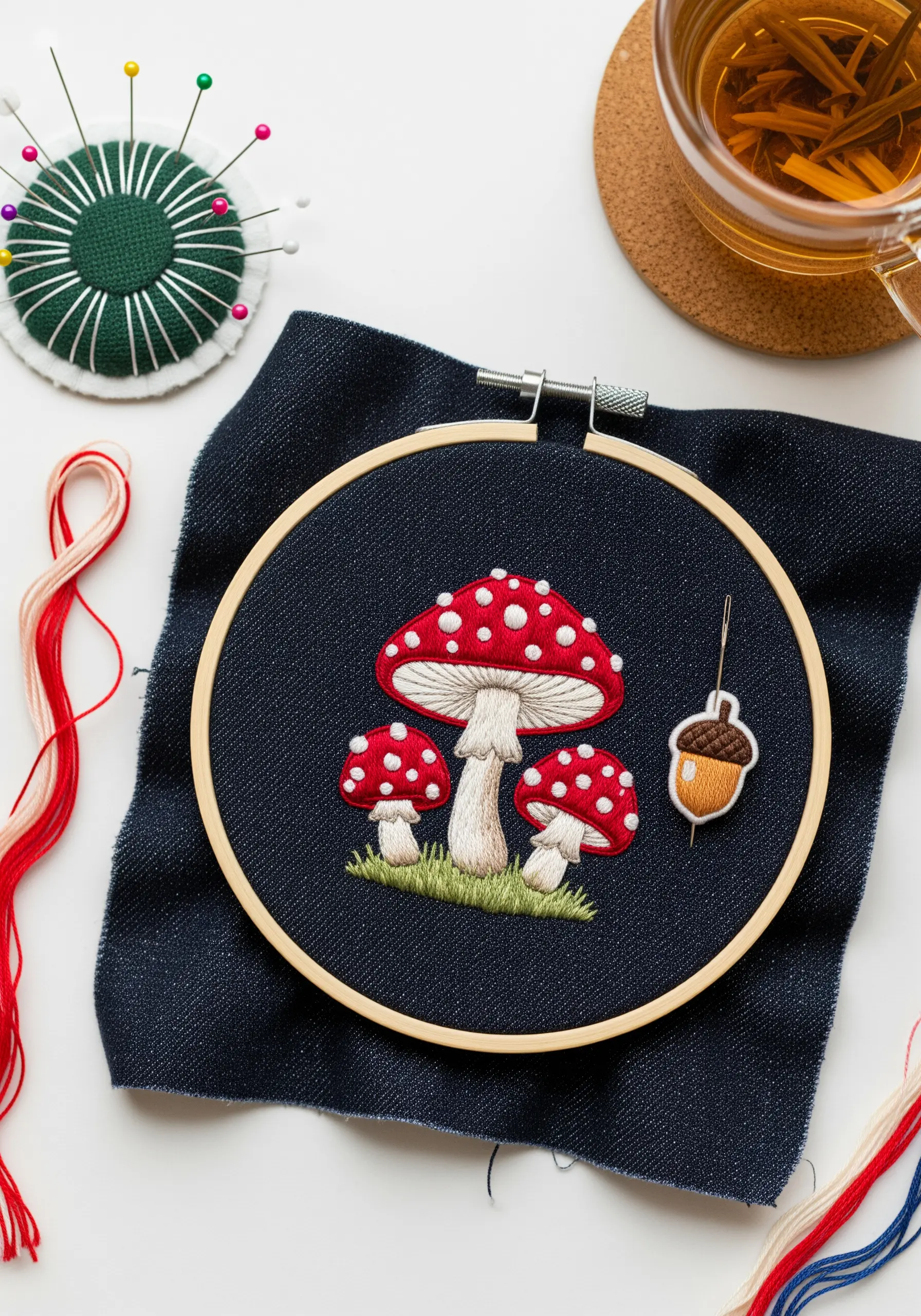 Embroidered red and white fly agaric mushrooms on dark denim fabric.