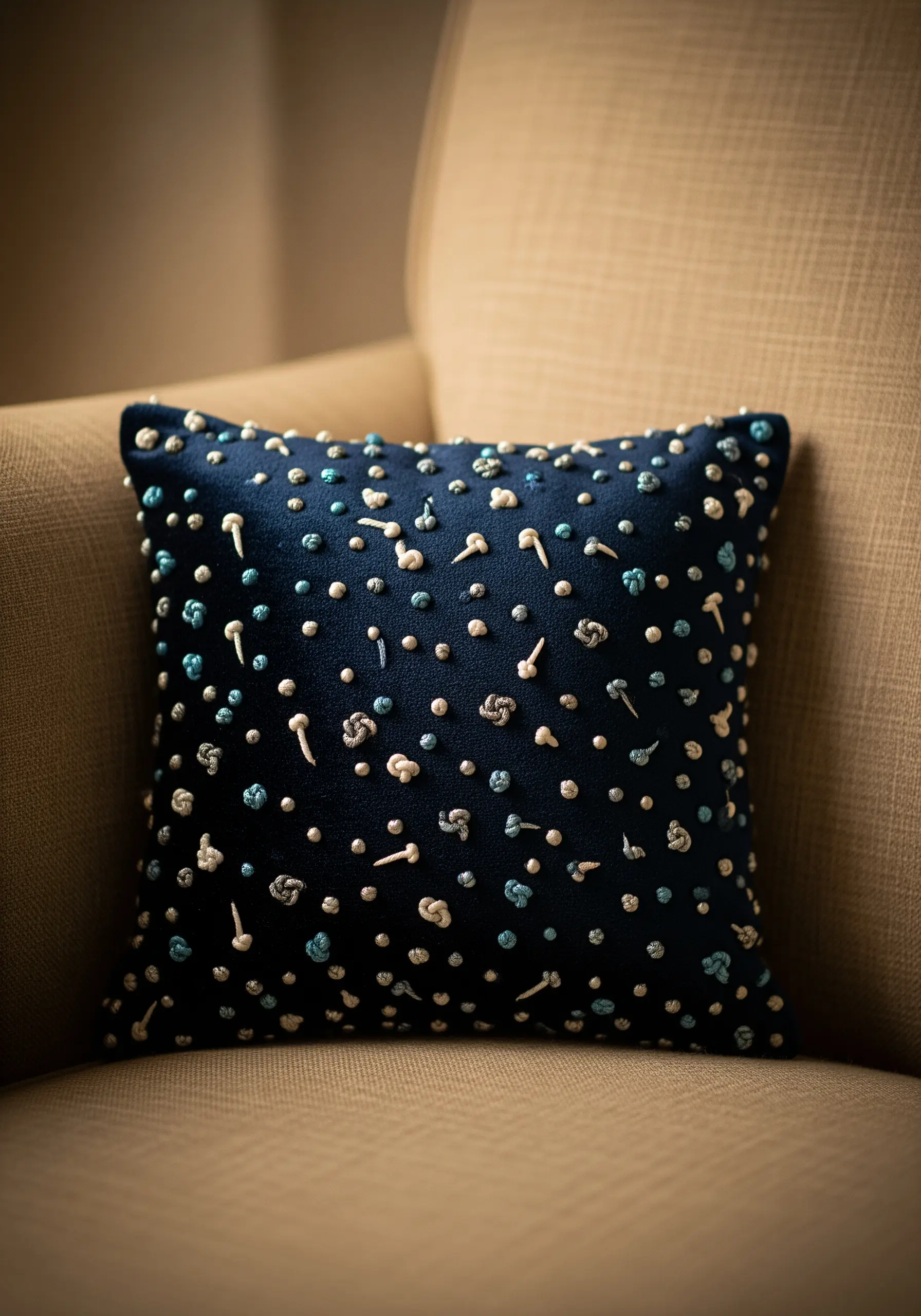 A dark blue velvet pillow covered in a dense pattern of textured French and bullion knots.