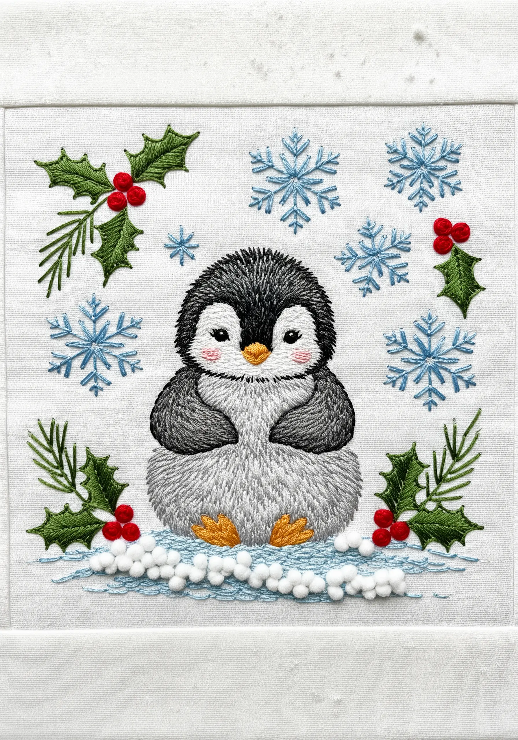 Fluffy embroidered penguin with Colonial knot snow and crisp snowflakes.