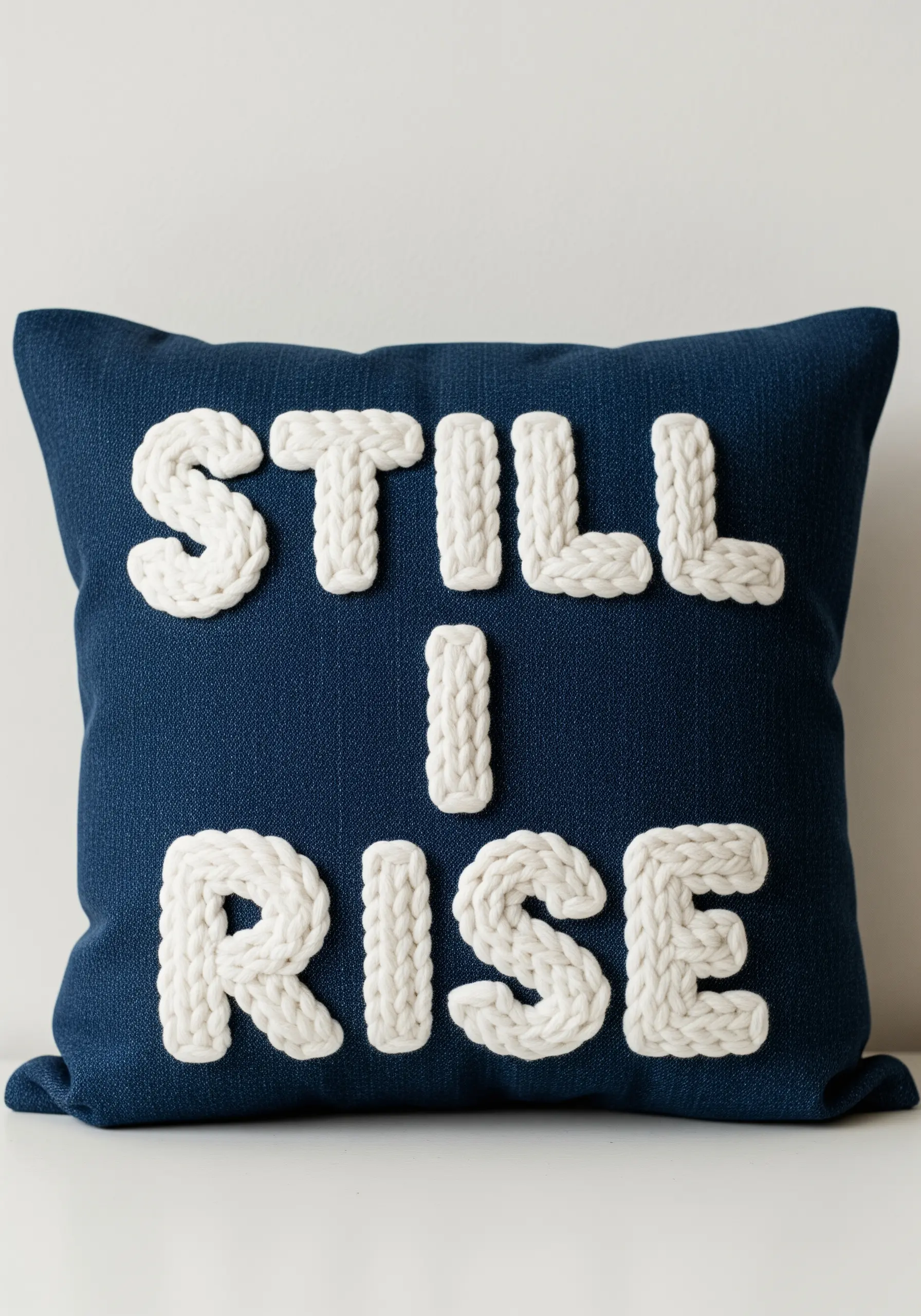 Thick, padded chain stitch lettering in white on a dark blue denim pillow.