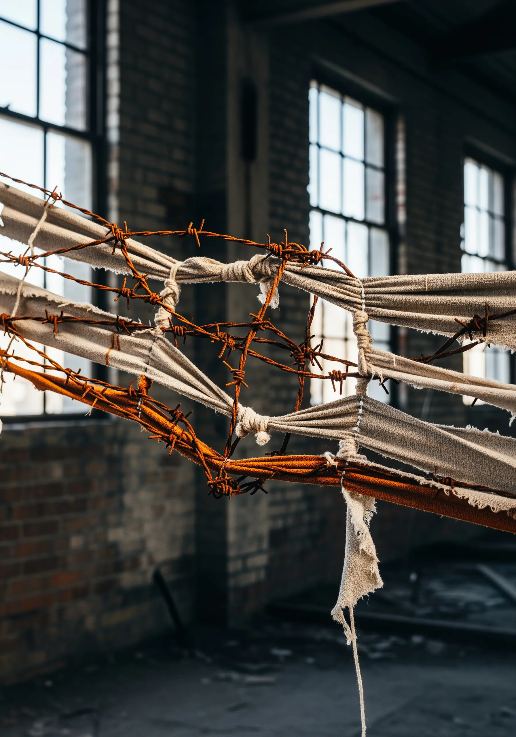 An abstract sculpture of rusted barbed wire wrapped and bound with strips of raw, light-colored fabric.